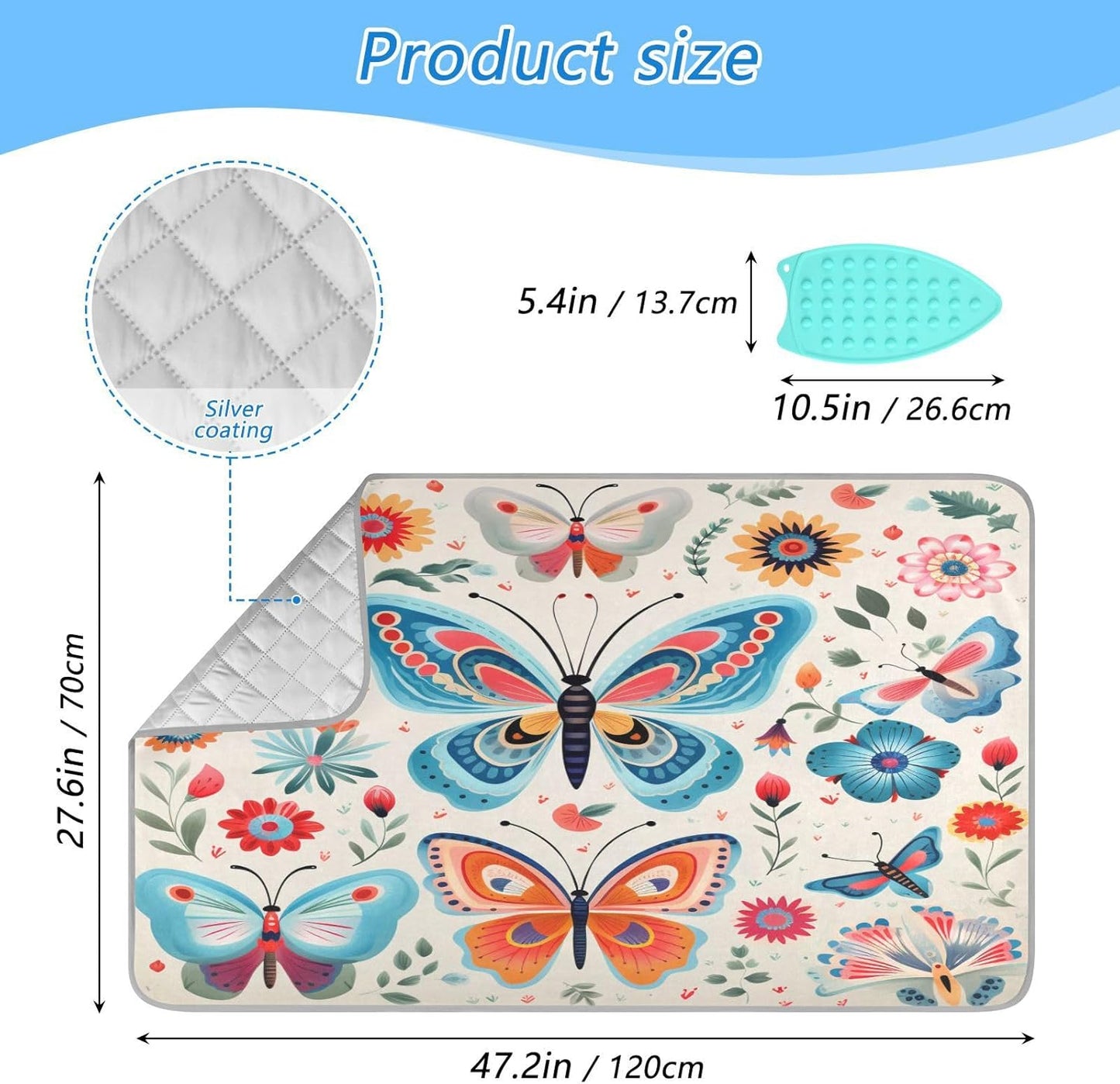 Decorative Butterfly Floral Ironing Mat Thickened Ironing Blanket Travel Portable Double-Side Using Ironing Pad Travel Isolate Heat Pad Cover for Washer Dryer Table Top Countertop 27.6x47.2in