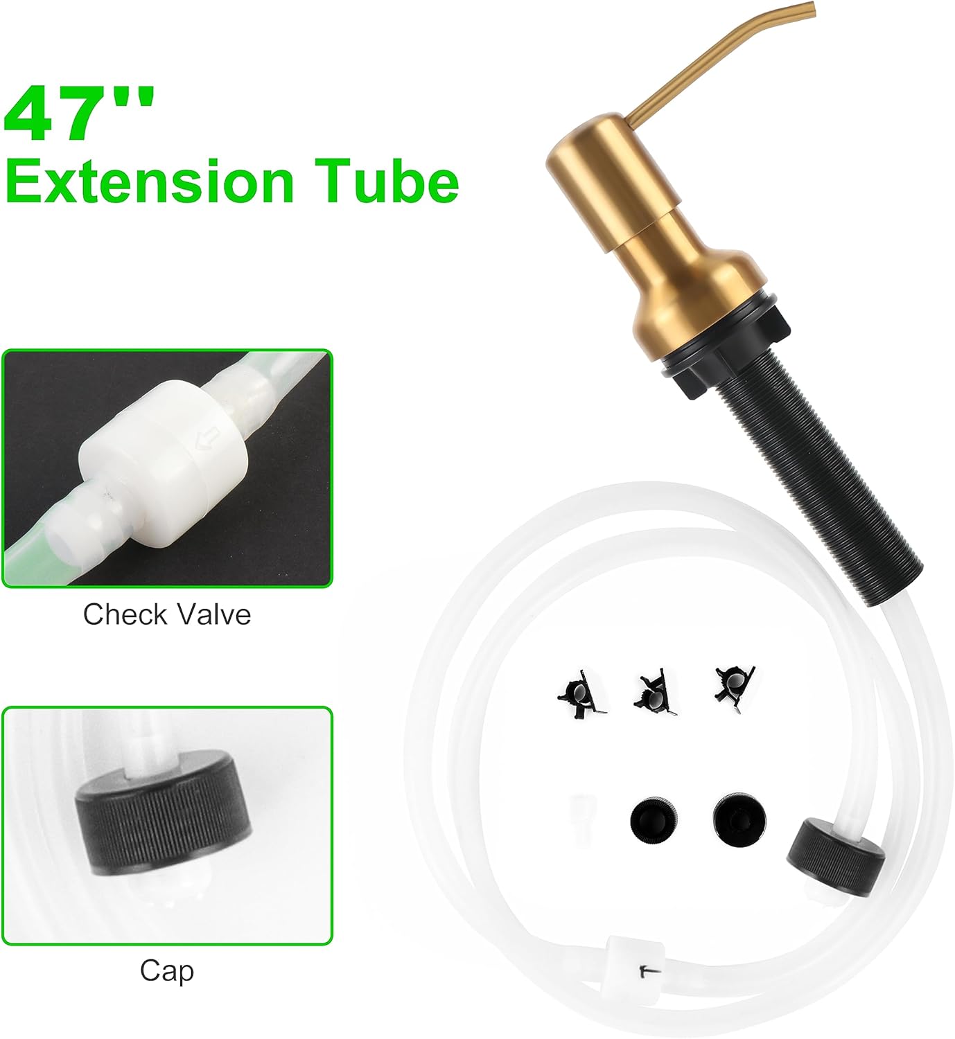 Soap Dispenser for Kitchen Sink, Sink Soap Dispenser with Longer Threaded Shaft Shank, 47" Extension Tube Connects Directly to Dish Soap Container, Wider Pump Head Base（Golden）