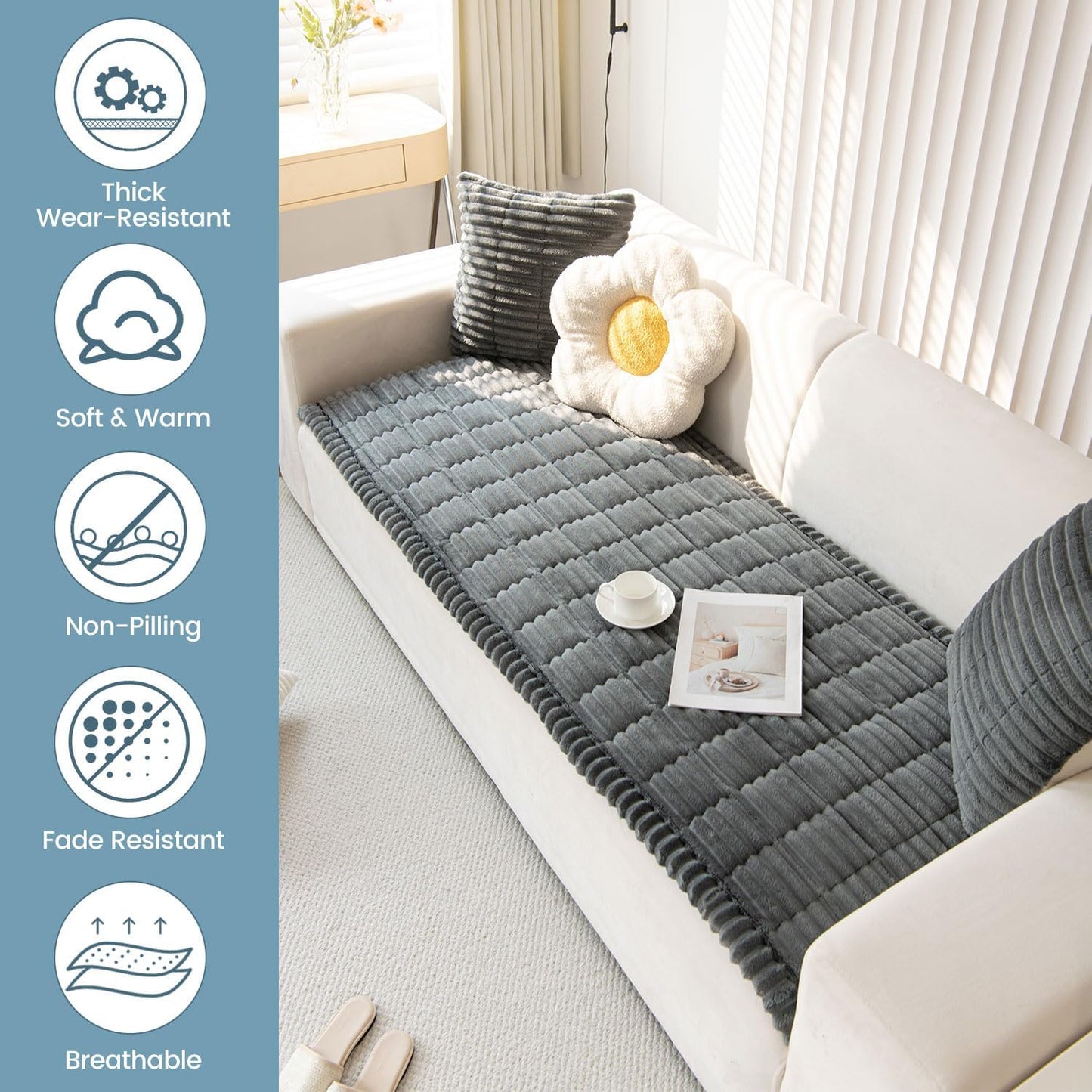 OTOB Couch Cover for Dogs Washable, Non Slip Plush Fuzzy Sofa Covers for 3 Cushion Couch Pet Friendly, Soft All Seasons Sofa Slipcover Cozy Furniture Protector (Dark Gray, 31.5" x 82.7")