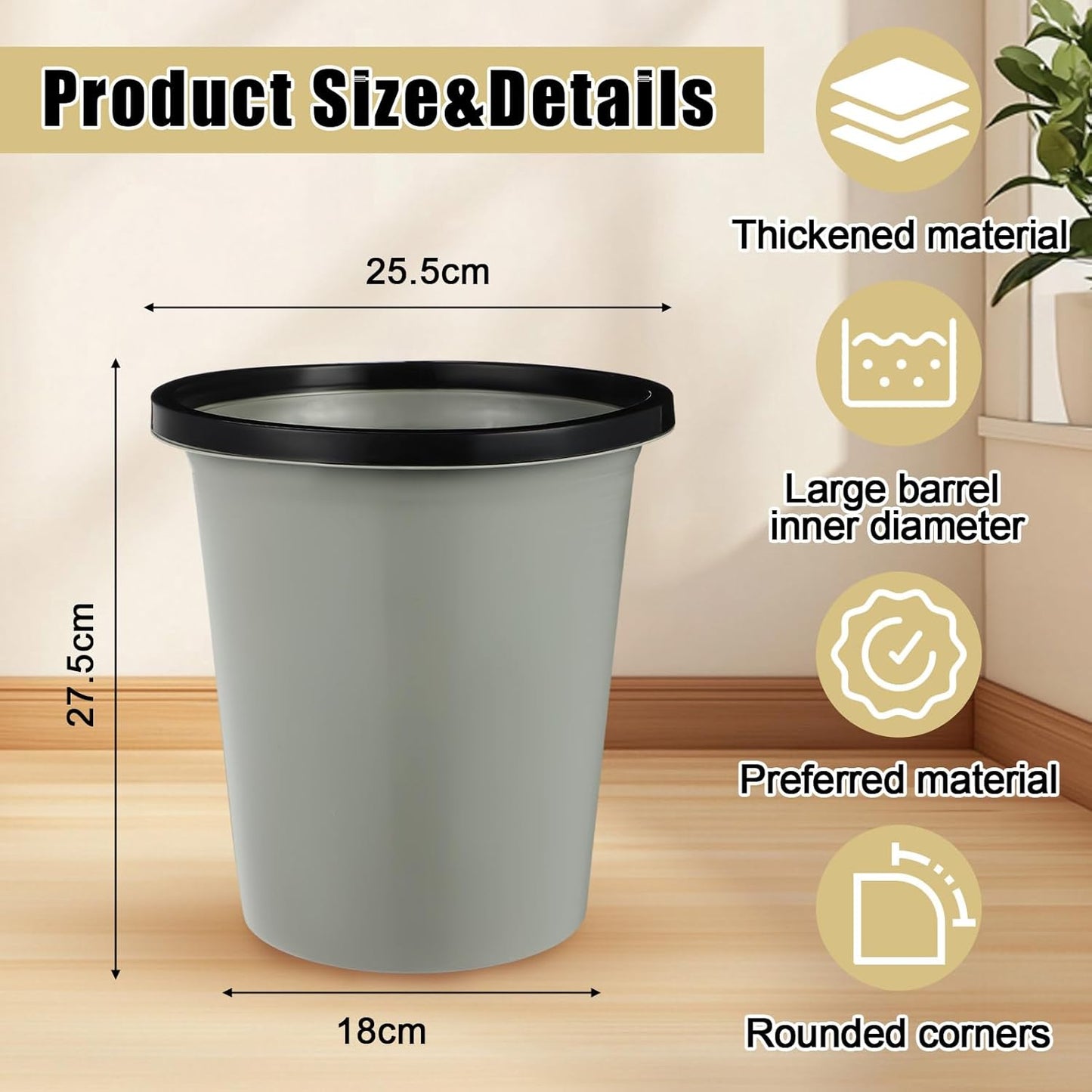 Maxdot 36 Pcs Bathroom Trash Cans Bulk 2 Gallon Small Waste basket Round Garbage Can Plastic Trash Bin Small Container for Home Dorm Kitchen Office Living Room Study Compact Spaces(Black, Beige, Gray)
