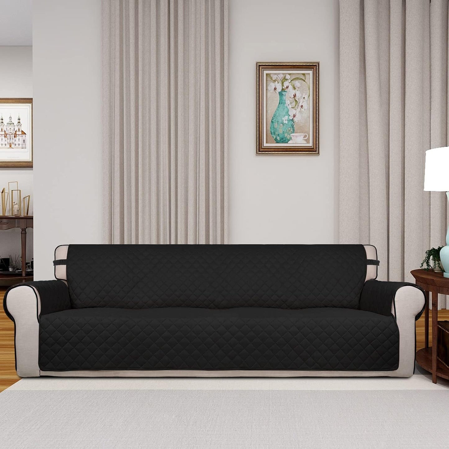 PureFit Reversible Quilted Sofa Cover, Water Resistant Slipcover Furniture Protector, Washable Couch Cover with Non Slip and Elastic Straps for Kids, Dogs, Pets (XX Large, Black/Black)