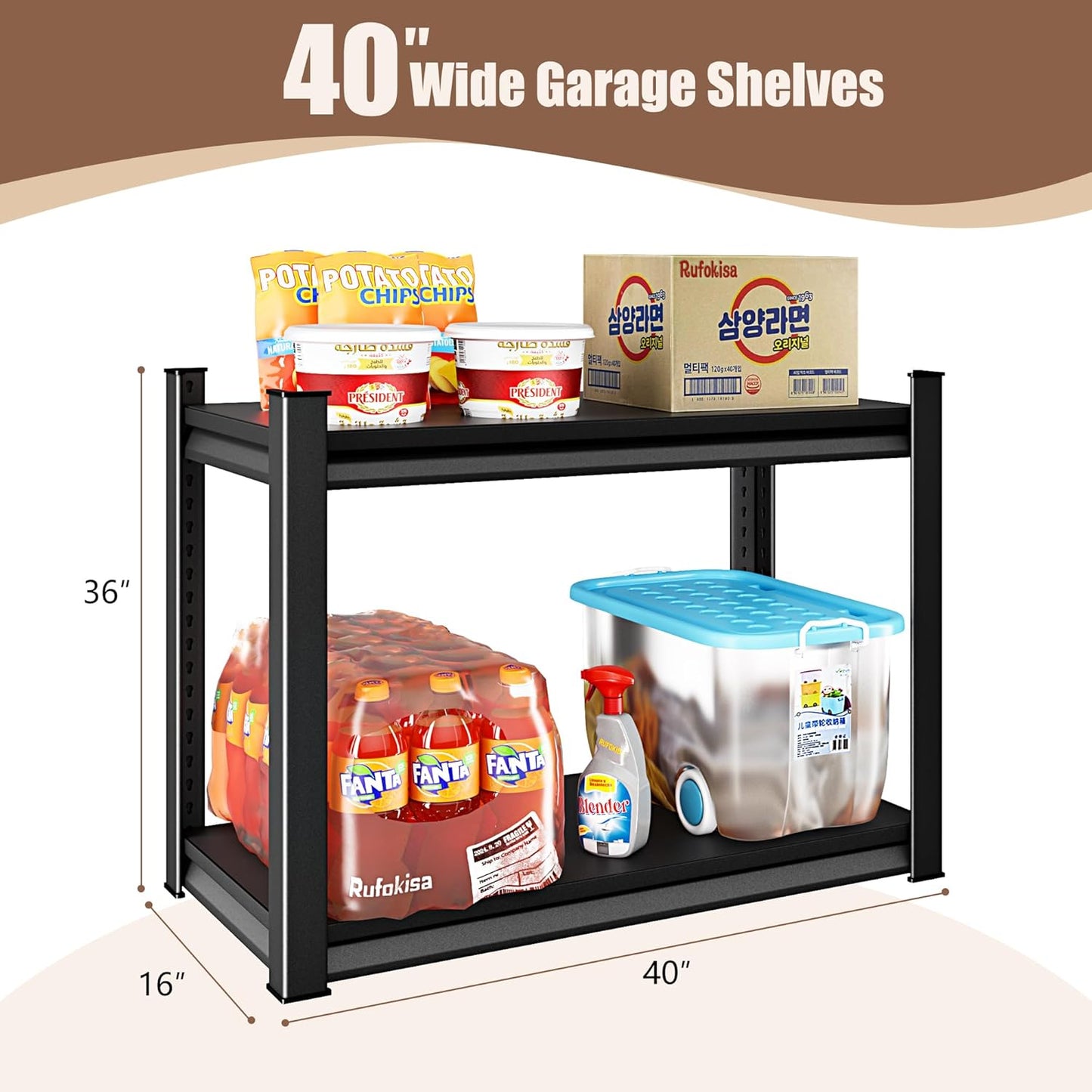 40" W 2-Tier Garage Shelving Heavy Duty, 1000LBS Loads Garage Storage Shelves, Metal Shelving Units and Storage Racks, Industrial Utility Shelf Heavy Duty,40" Wx16 Dx36 H, Black