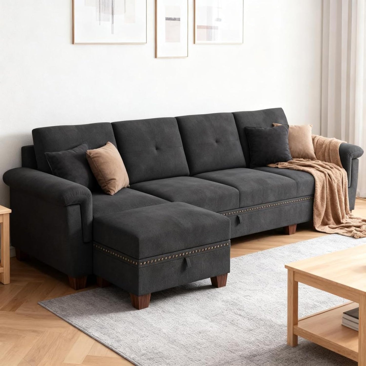 JAMFLY 108" Modular Sectional Sofa with Storage, L Shaped Sofa Couch with Reversible Ottoman, 4-Seat Convertible Sectional Couches with Cup Holders for Living Room, Apartment, Black