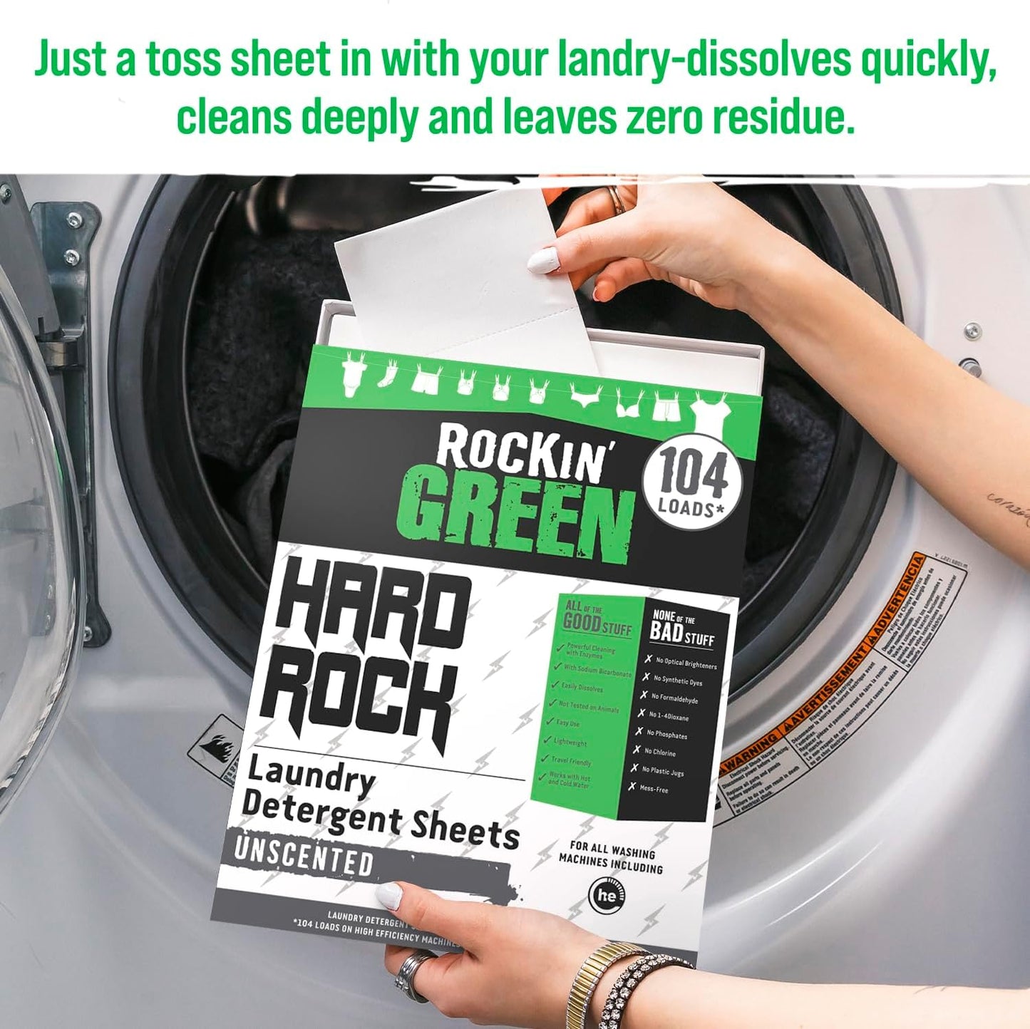 Rockin' Green Hard Rock Travel Laundry Detergent Sheets for Hard Water - Mess-Free Laundry Sheet Detergent with Sodium Bicarbonate - Easily Dissolvable Laundry Soap Sheets (104 Loads, Unscented)