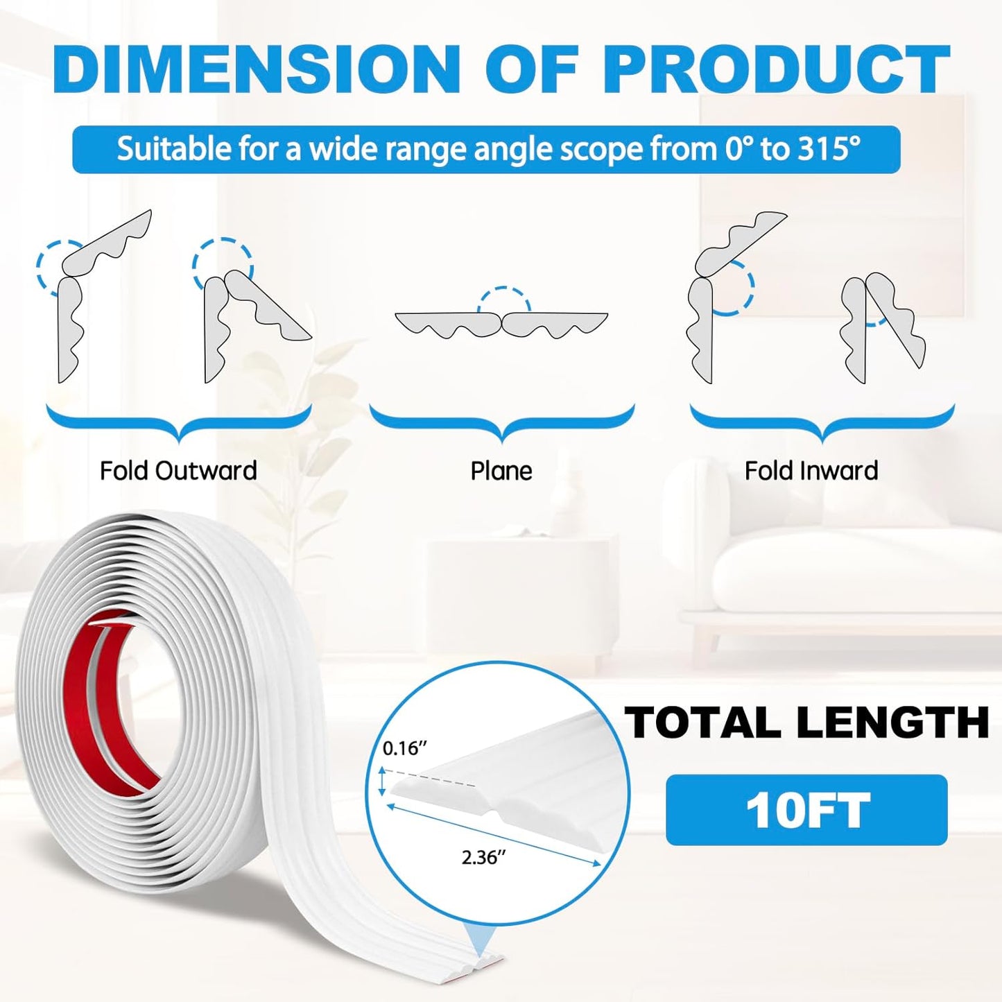 Wall Corner Protector Peel and Stick Corner Trim Molding Flexible Inside & Outside Wall Edge Guard Self Adhesive Moulding Trim for Edge Use, White, 2.3” W x 10’ L