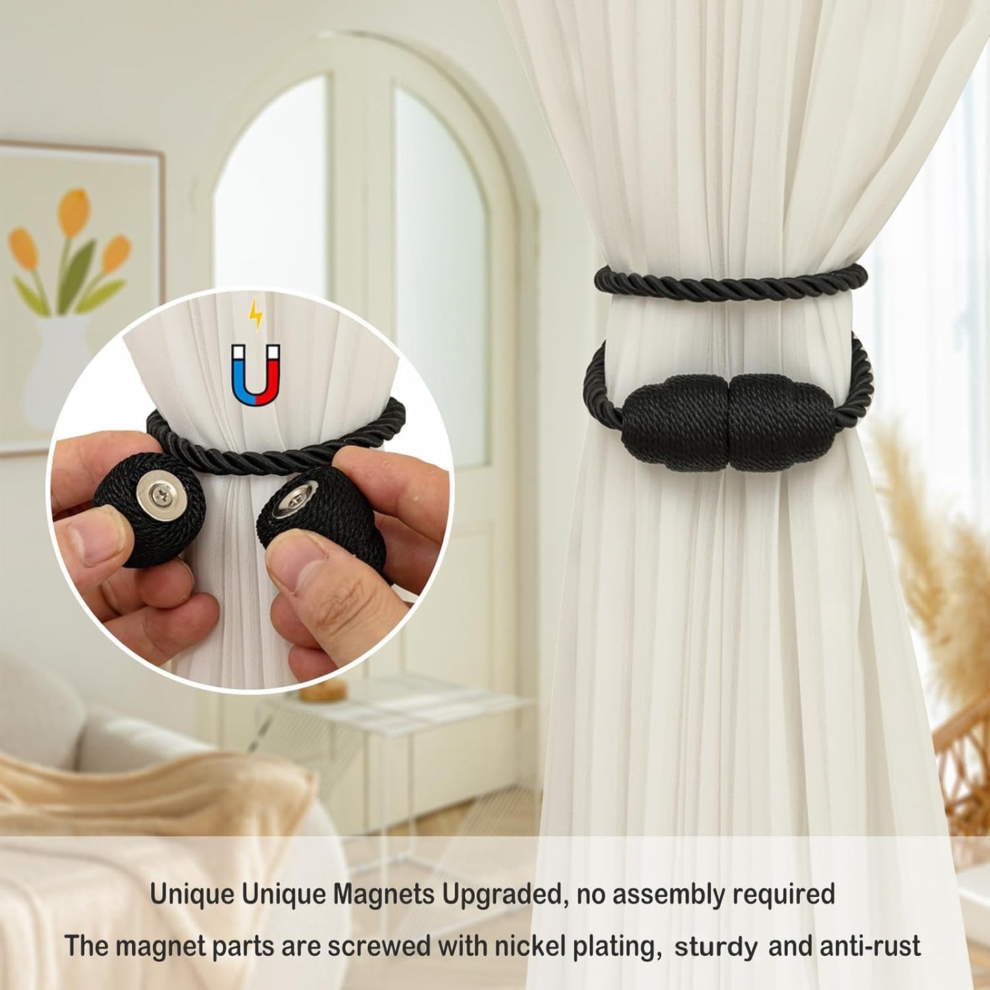 Magnetic Curtain Tiebacks Rope Curtain Tie Backs for Curtains 4 Pack Curtain Holders for Drapes Decorative Window Curtain Holdbacks, Black