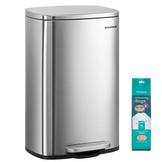SONGMICS 13 Gallon (50 L) Trash Can, Stainless Steel Kitchen Garbage Can, Recycling or Waste Bin, Soft Close, Step-On Pedal, Removable Inner Bucket, Silver ULTB050E01