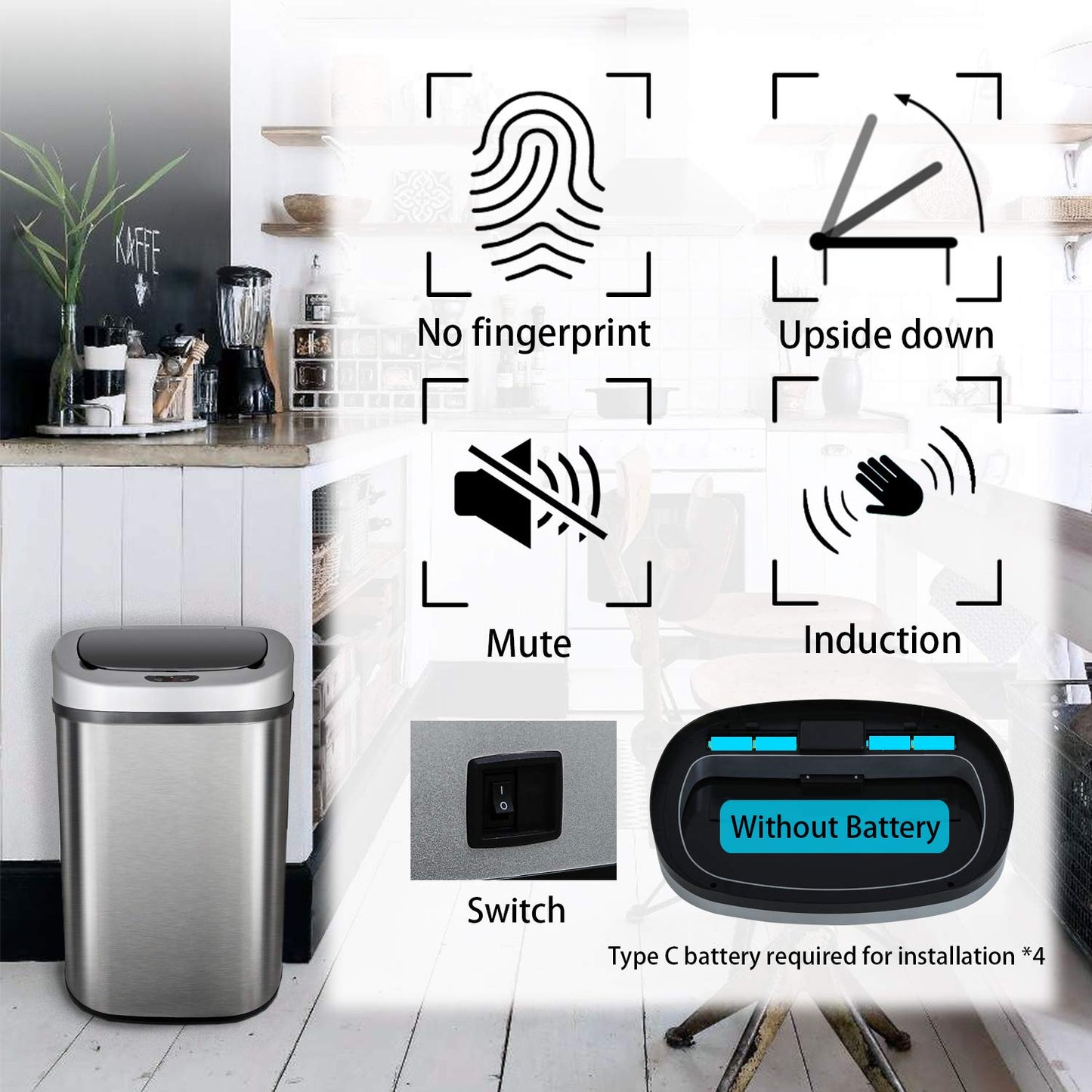 HCB Trash Can Automatic Waste Bin Mute Metal Garbage Can with Lid Stainless Steel 13 Gallon 50 Liter for Kitchen | Office | Bedroom | Bathroom | Living Room, 11” x 16” x 23”