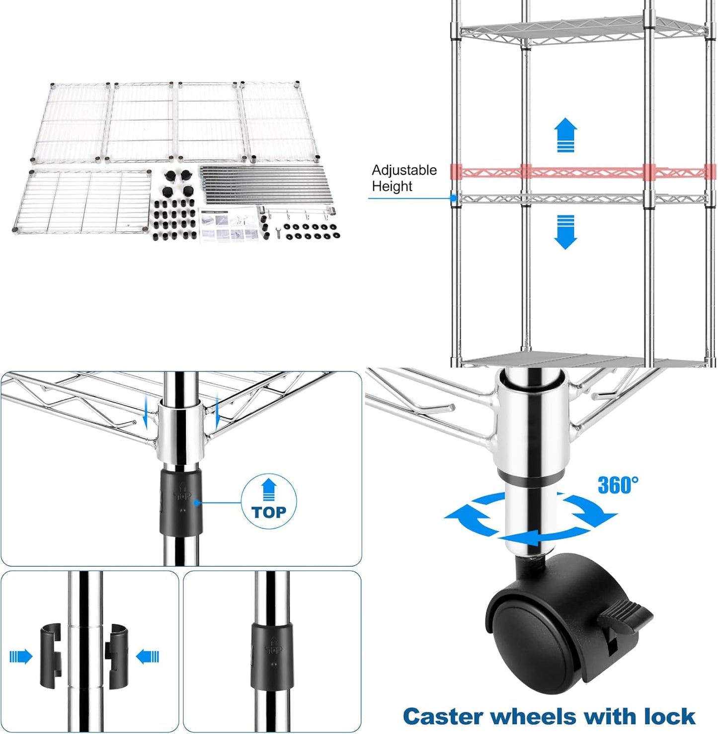 Himimi 5-Tier Storage Shelf Wire Shelving Unit on Wheels Heavy Duty Metal Shelves Adjustable Steel Rack Organization for Kitchen Garage Basement, Silver