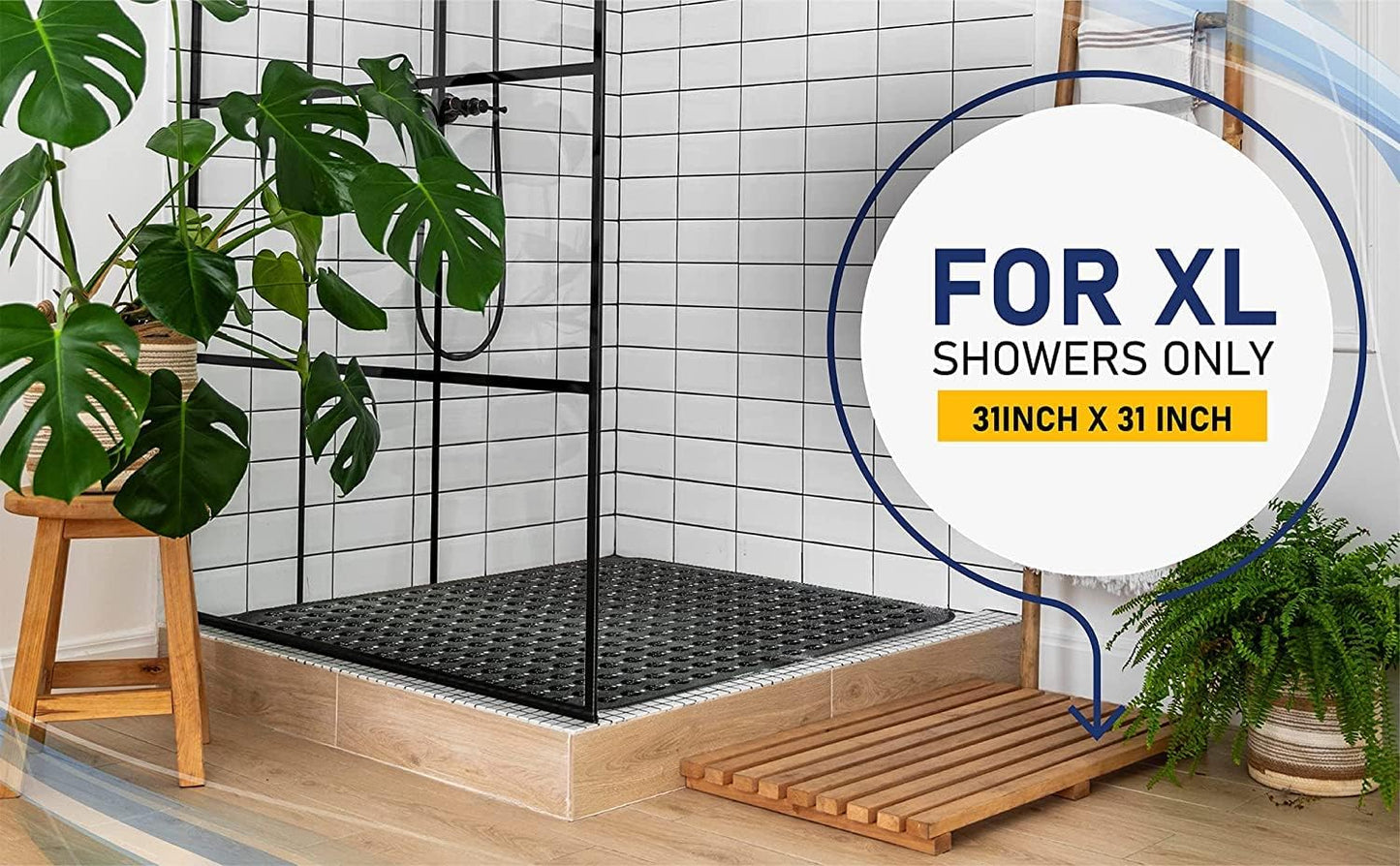 ENKOSI Extra Large Square Non Slip Shower Mat - 31 x 31-inch XL Bathroom Shower Mat - Square Shower Matts for Shower Stall Floors | Secure Suction Cups and Drain Holes (31x31 Clear Gray)