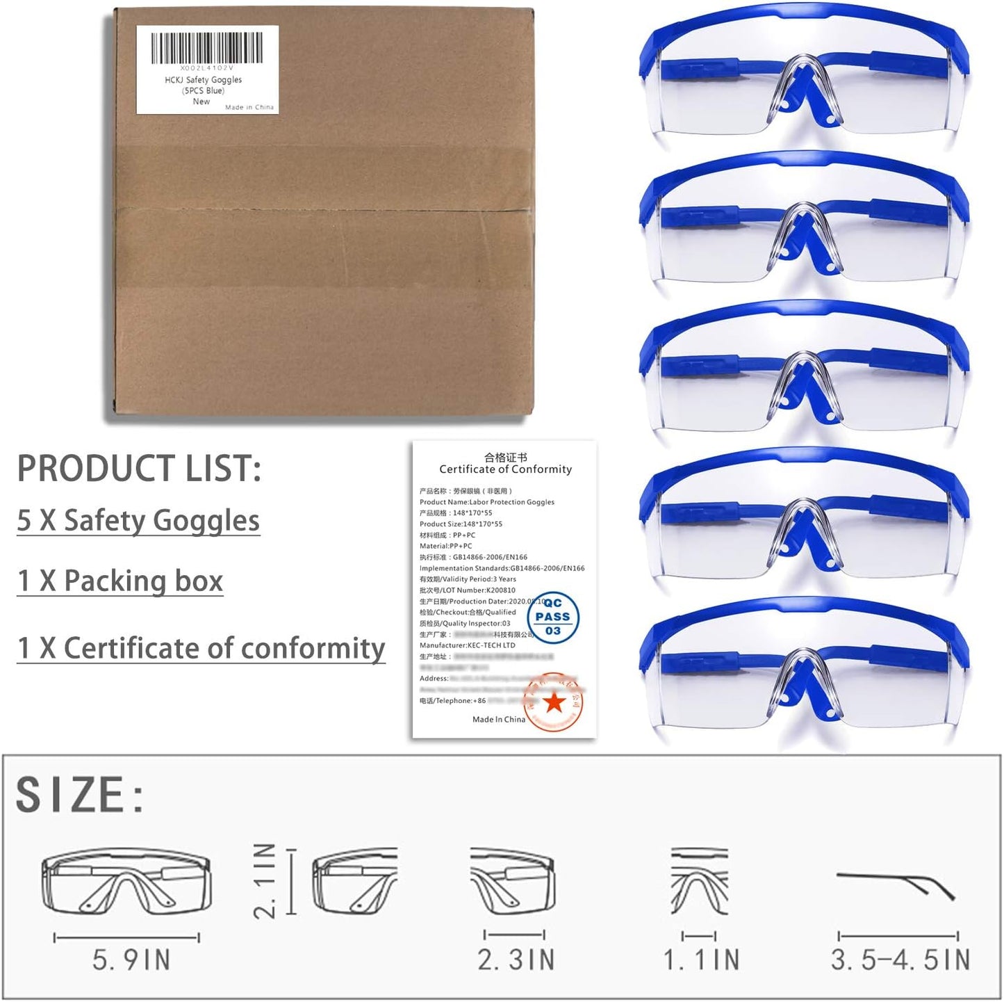 Safety Glasses, 5PCS Adjustable Wide-Vision Protective Glasses, Lightweight Fog-Proof Safety Goggles