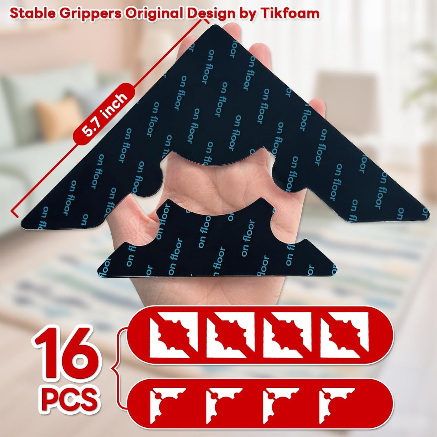 Rug Non Slip Grippers, Reusable Rug Tape Pads for Hardwood Floors, Strong Carpet Gripper for Area Rugs, No Damaging for Floor, 16Pcs