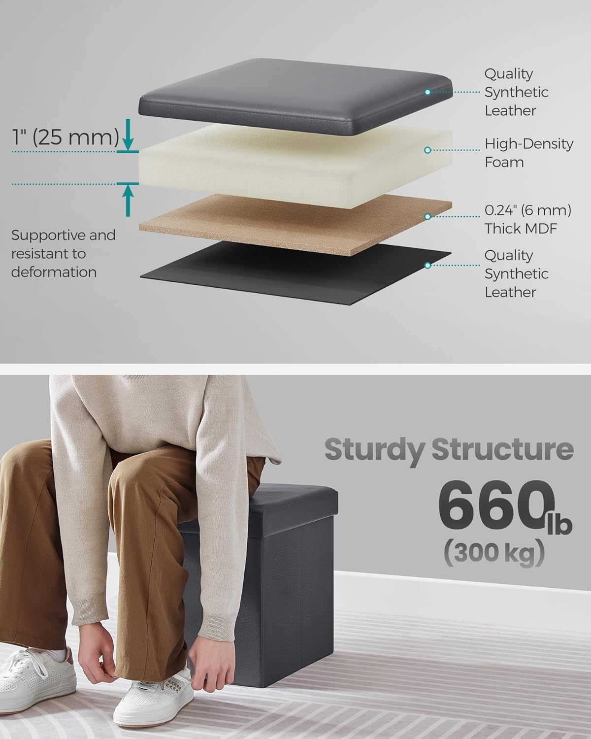 SONGMICS Mazie Collection - 15 Inches Ottoman with Storage, Footstool, Storage Ottoman, Load 660 lb, for Dorm, Living Room, Bedroom, Synthetic Leather, Dark Gray ULSF010G01