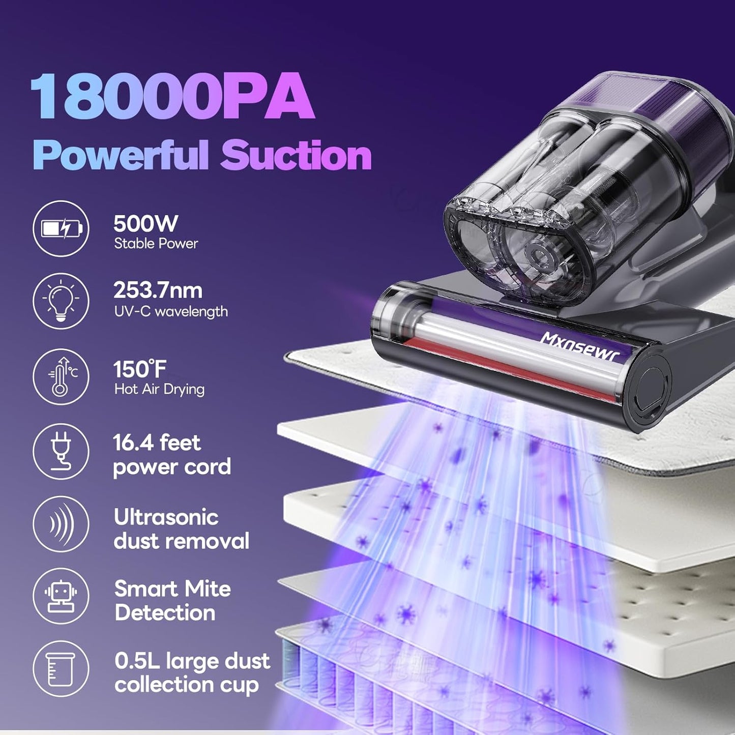 Mattress Vacuum Cleaner, 18Kpa Handheld Bed Vacuum Cleaner with 253.7nm UV-C Light, HEPA Filter & Ultrasoni, 150℉ Heat, Smart Dual Cup, and One-Click ash Removal for Bed, Sofa(Gray)