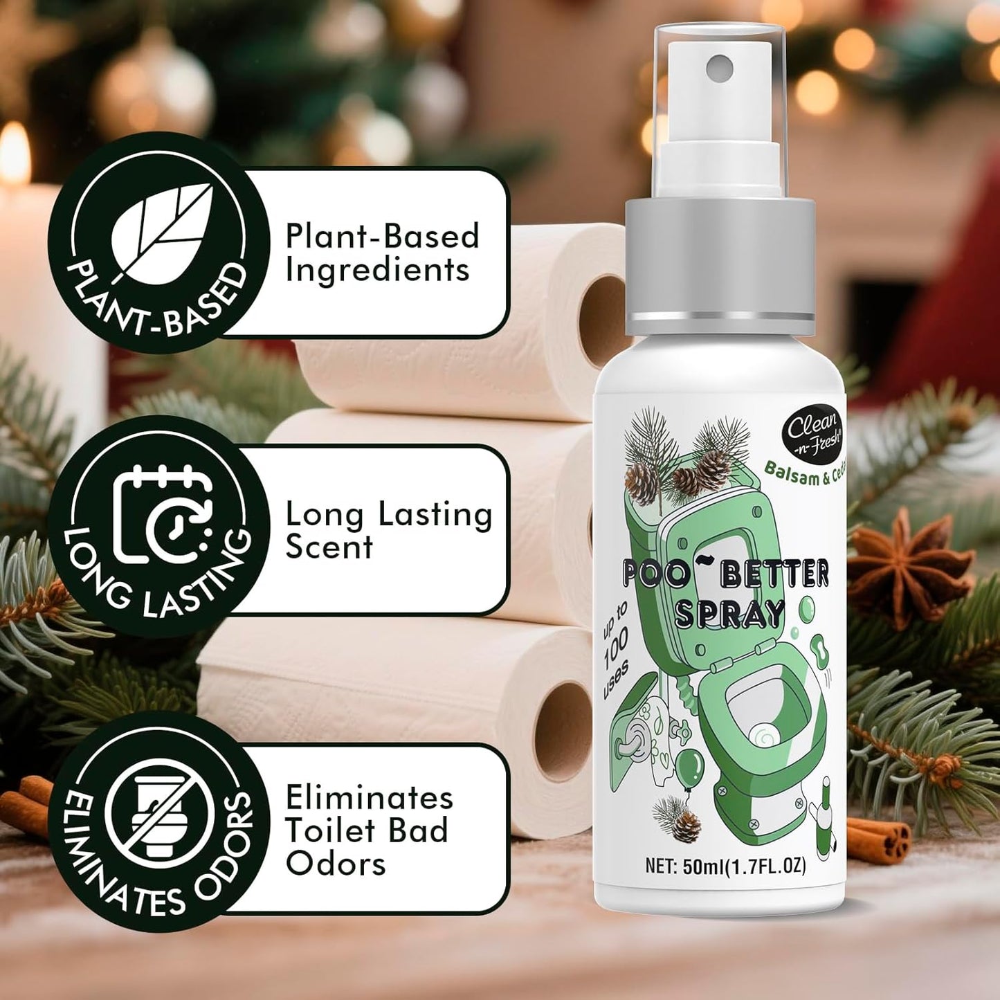 Clean-n-Fresh Holiday Toilet Spray, 3 Pack Gift Set- Balsam & Cedar/Toasty Vanilla/Bright Berry, Bathroom & Toilet Odor Deodorizer, Travel Size Toiletries, Total 5.1 Fl Oz