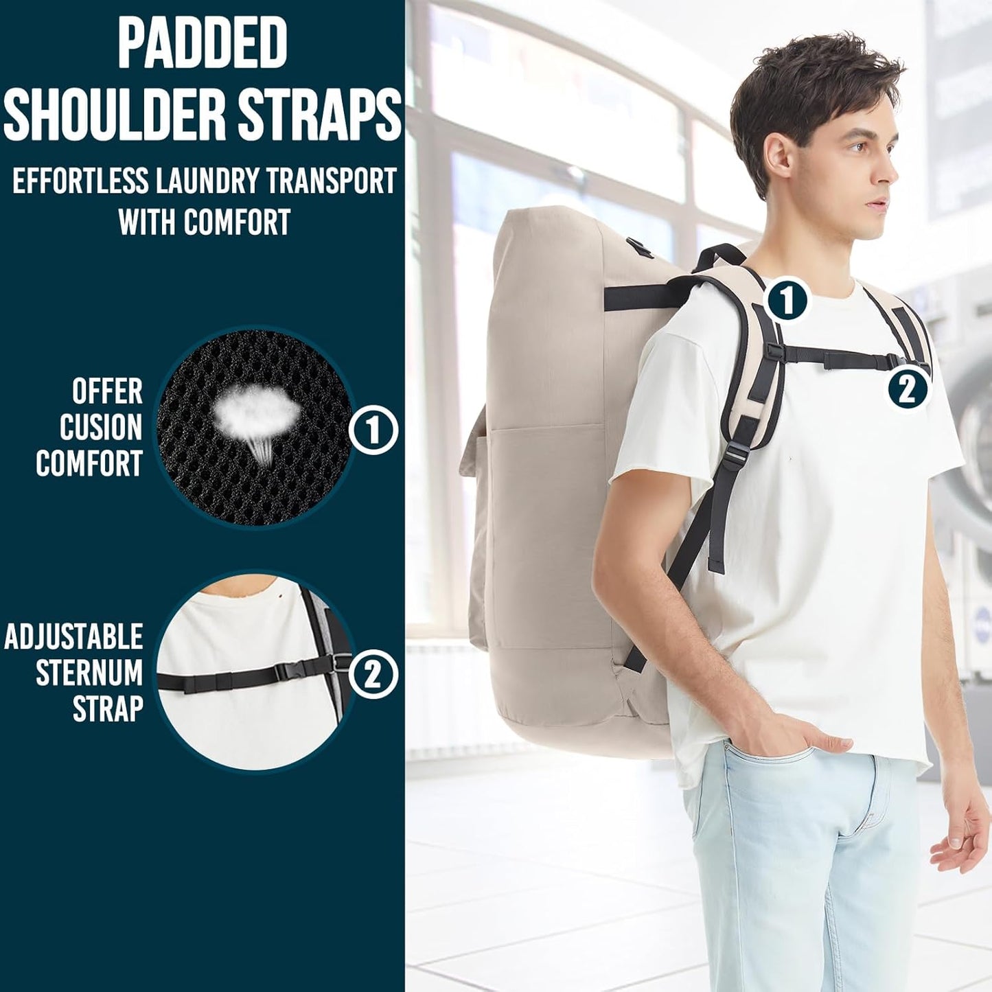 Laundry Backpack with Shoulder Straps，Laundry Bag Extra Large 115L，Laundry Backpack Heavy Duty with 4 Pockets, College Laundry Bags for Dorm Room， Sturdy Clothes Hamper Bags，Laundry Hamper Bag XXL