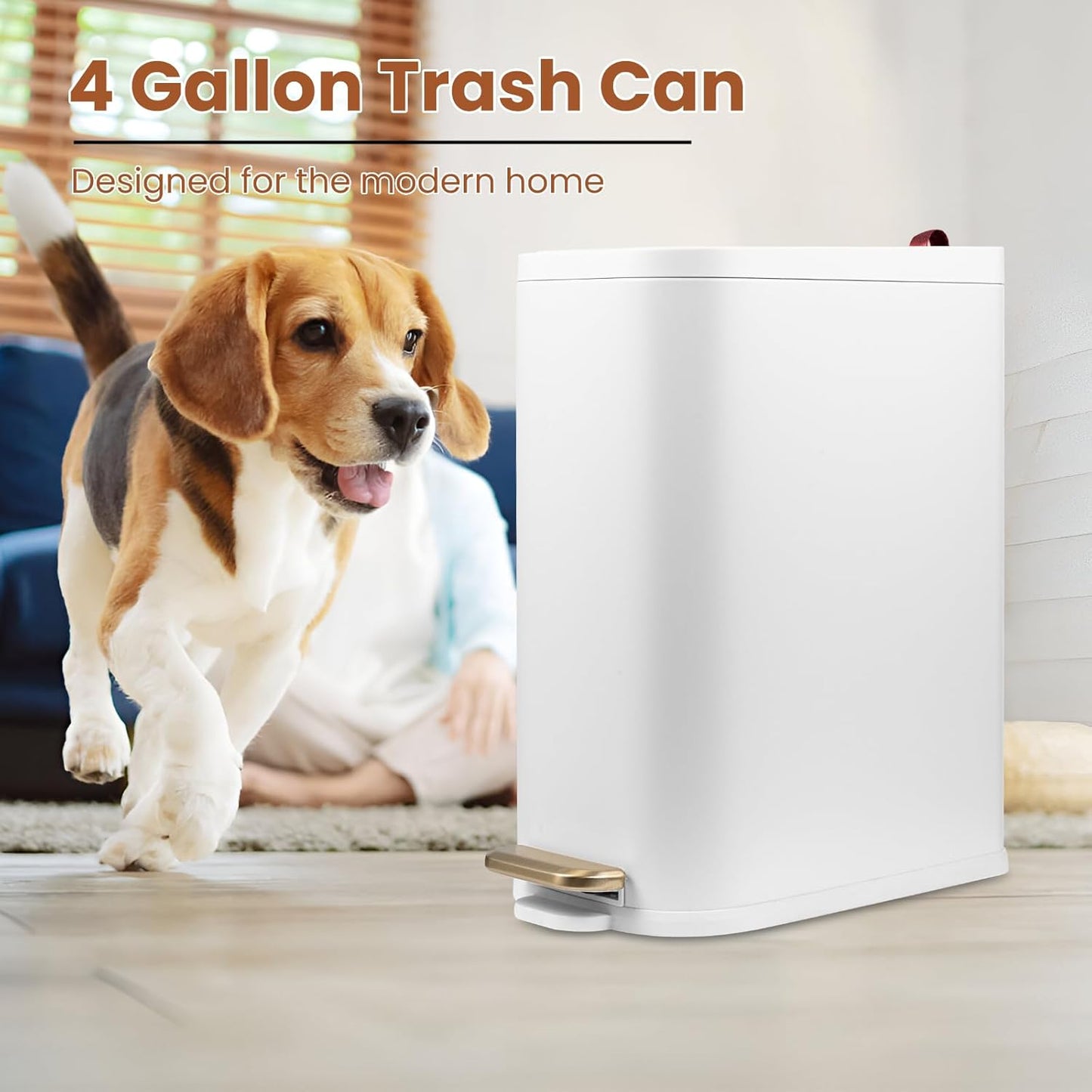 BETHEBEST Bathroom Trash Can with Lid,Stainless Steel Garbage Can with Removable Inner Bucket,Soft Close,Step Pedal,15 Liter/4 Gallon Trash Can for Bathroom,Bedroom,Kicthen,Office(White)