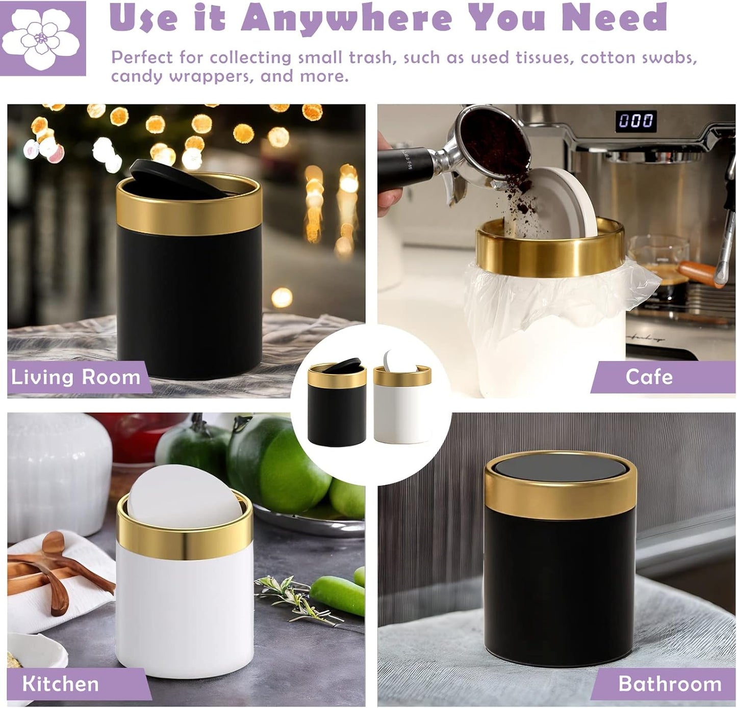 Mini Trash Can with Lid, Metal Small Tiny Mini Trash Bin Can, Mini Countertop Trash Cans for Desk Car Office Kitchen, Swing Top Trash Bin 1.5 L/0.40 Gal (White)