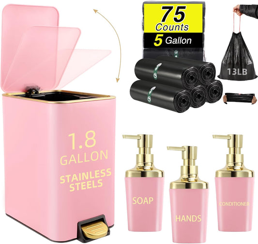 Small Bathroom Trash Can with Lid Soft Close, 1.8 Gallon Stainless Steel Garbage Can with Removable Inner Bucket,3PCS Soap Dispenser,75Count Trash Bag, Slim Step Pedal Trash Bins