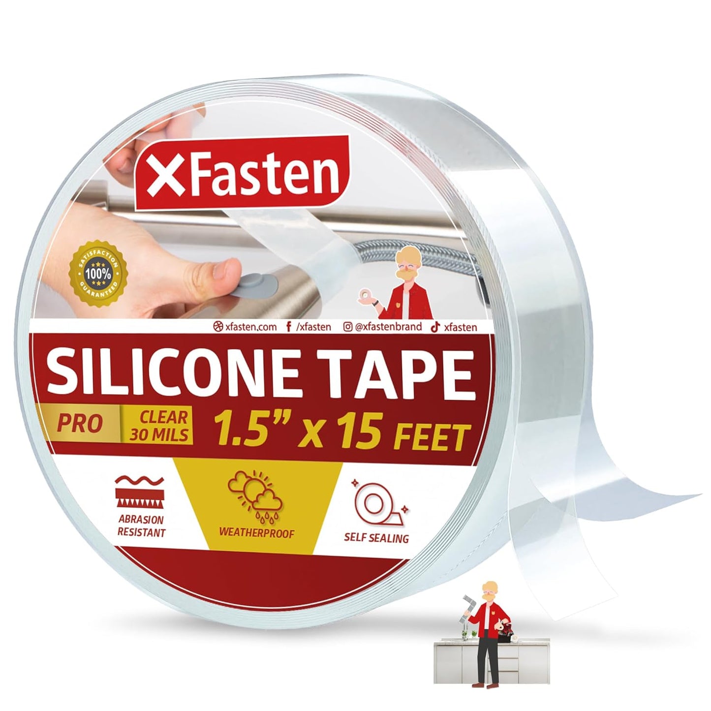 XFasten Self-fusing Silicone Tape Pro, Clear, 1.5-Inch x 15-Feet, 30mils Extreme Silicone Repair Pipe Tape for Electrical, Radiator Hose, Garden Hose, Coax Plumbers Water Seal and Stretch Tape