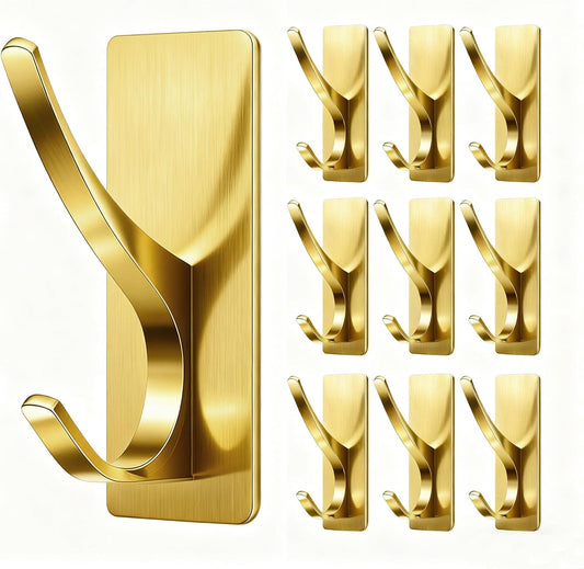 10 Pack Self Adhesive Coat Hooks for Hanging, Heavy Duty Stainless Double Wall Hook for Towel, Backpack, Hat, Sturdy Metal Hanger for Bathroom, Bedroom, Door, Wall Mounted, Brushed Gold