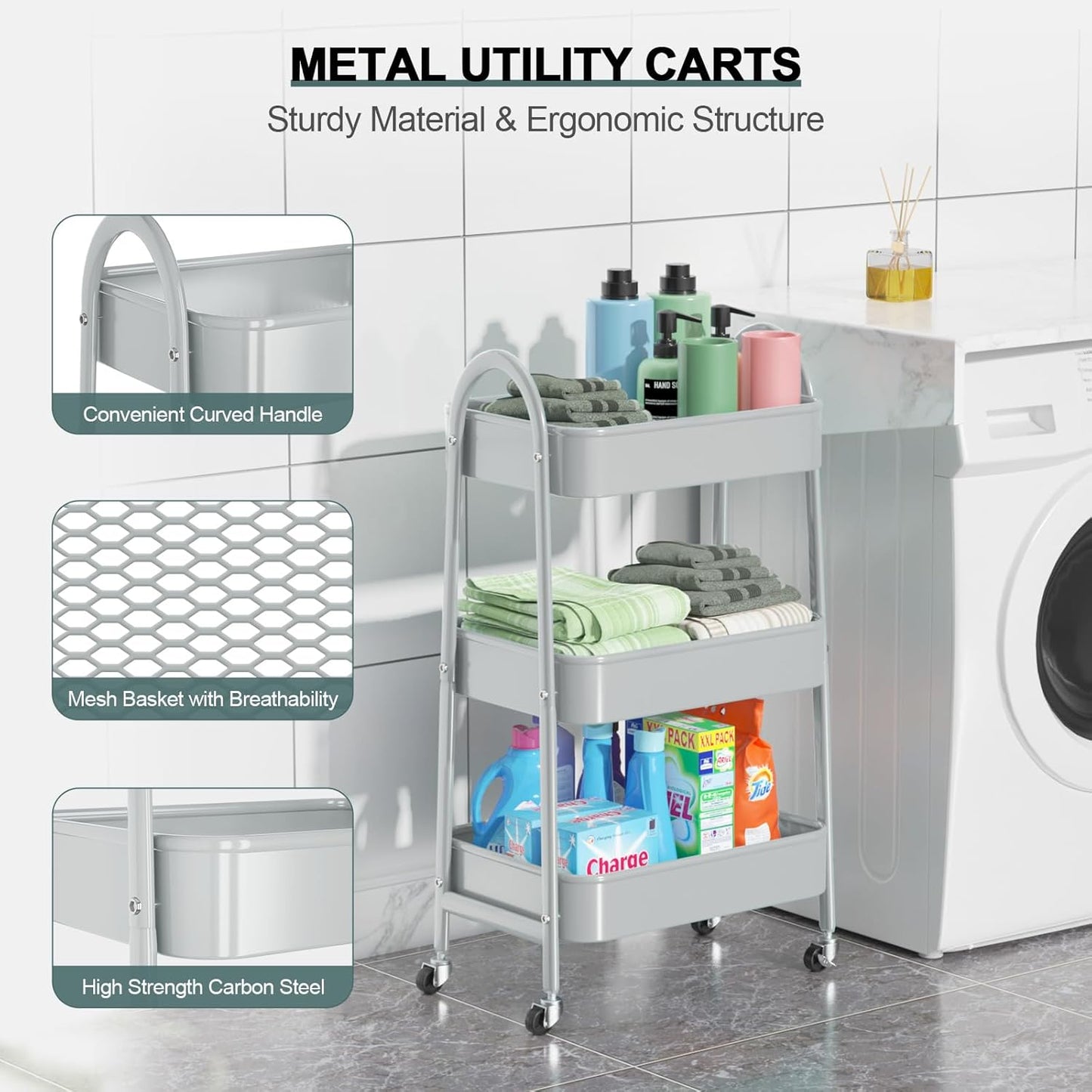 EAGMAK 3 Tier Utility Rolling Cart, Metal Storage Cart with Handle and Lockable Wheels, Multifunctional Storage Organizer Trolley with Mesh Baskets for Kitchen, Living Room, Office, Garage (Grey)