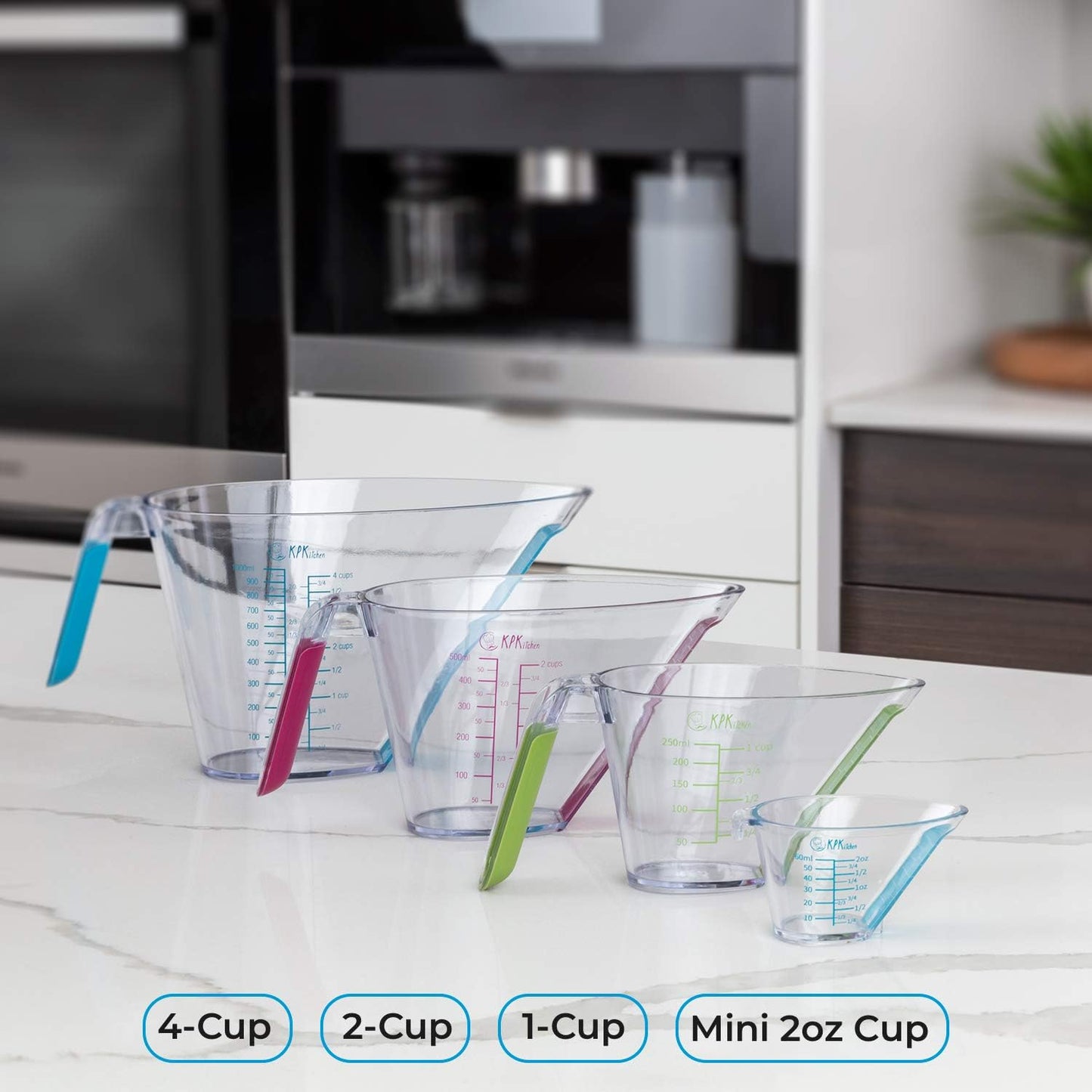 KPKitchen 4-Piece Angled Liquid Measuring Cups Plastic Set - BPA-Free Mini Oz, 1, 2 and 4 Plastic Measuring Cup Sizes - Measuring Cups For Liquids with ML & Cups Measures - Small & Large Measure Cup