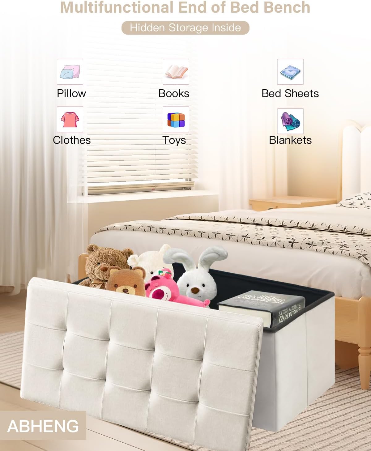 Folding Storage Ottoman, Velvet Storage Bench, Footrest, Removable Divider, for Living Room, Bedroom, 15 x 43 x 15 Inches, 660 lb Load Capacity, Cream White UASND02W