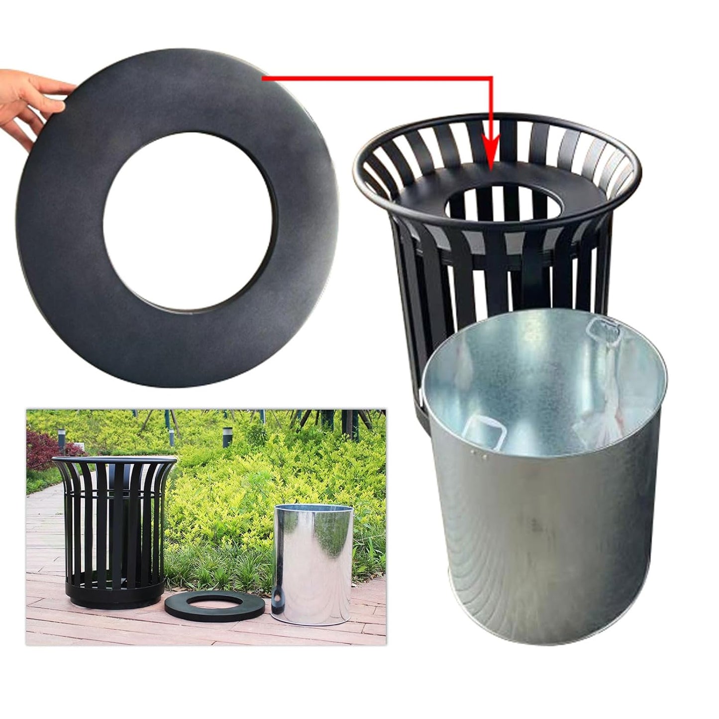 Outdoor Metal Slatted Trash Receptacle,Waste Receptacle，Commercial Trash Cans,Zone Round Garbage Bin,Square Hotel Street Patio Indoor Metal Stan (Large - Green)