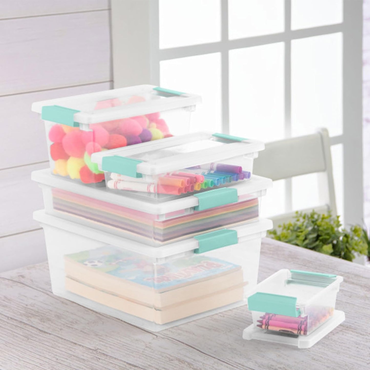 Sterilite 4-Pack Clip Box, Stackable Clear Plastic Bins with Latching Lids, Deep - Writing, Arts or Crafts Supplies Storage Containers for Home, Office, Classroom and Workshop Organization