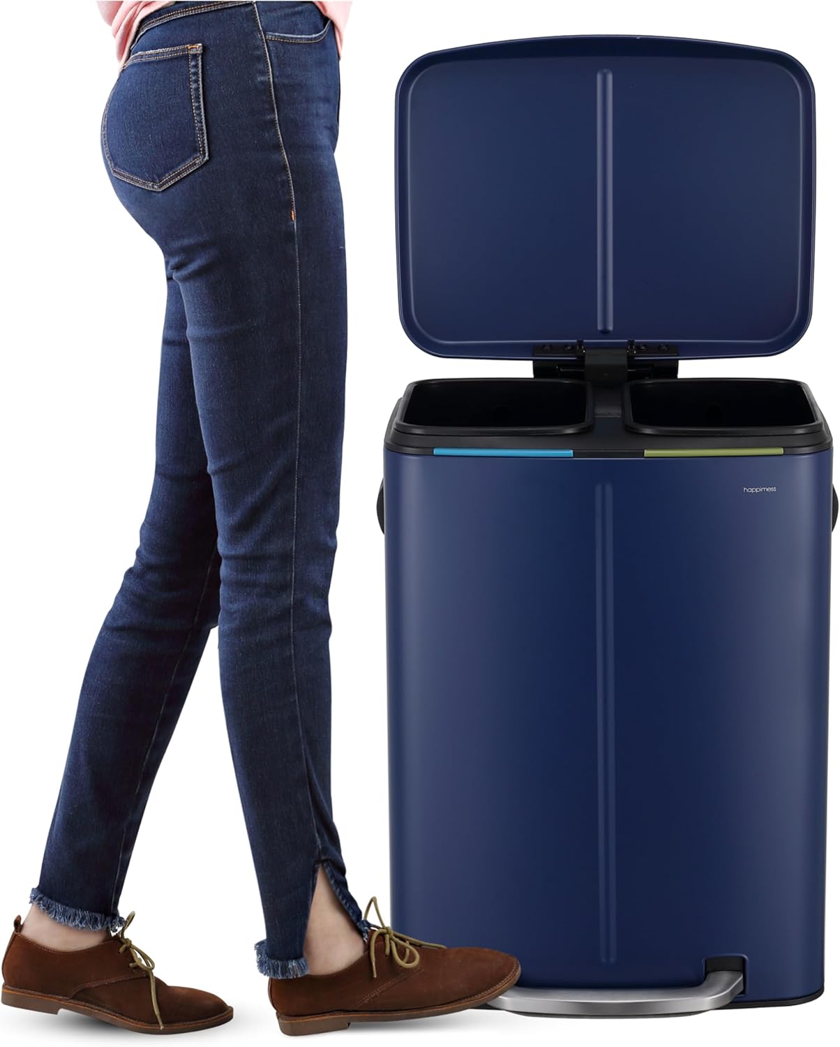 happimess HPM1005J Marco Rectangular 10.6-Gallon Double Bucket Trash Can with Soft-Close Lid, Denim Blue,with Soft-Close Lid, Modern, Minimalistic for Home, Kitchen, Office, Bedroom, Bathroom