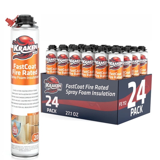 Kraken Bond Fastcoat Fire Rated Spray Foam Insulation Closed Cell in a Can 480 sq ft (24x27.1 oz.) (R-Value 11.32 / 2in) - Spray Foam for Garage Door, Attic, Wall Gun & Cleaner Not Included, 24 Pack