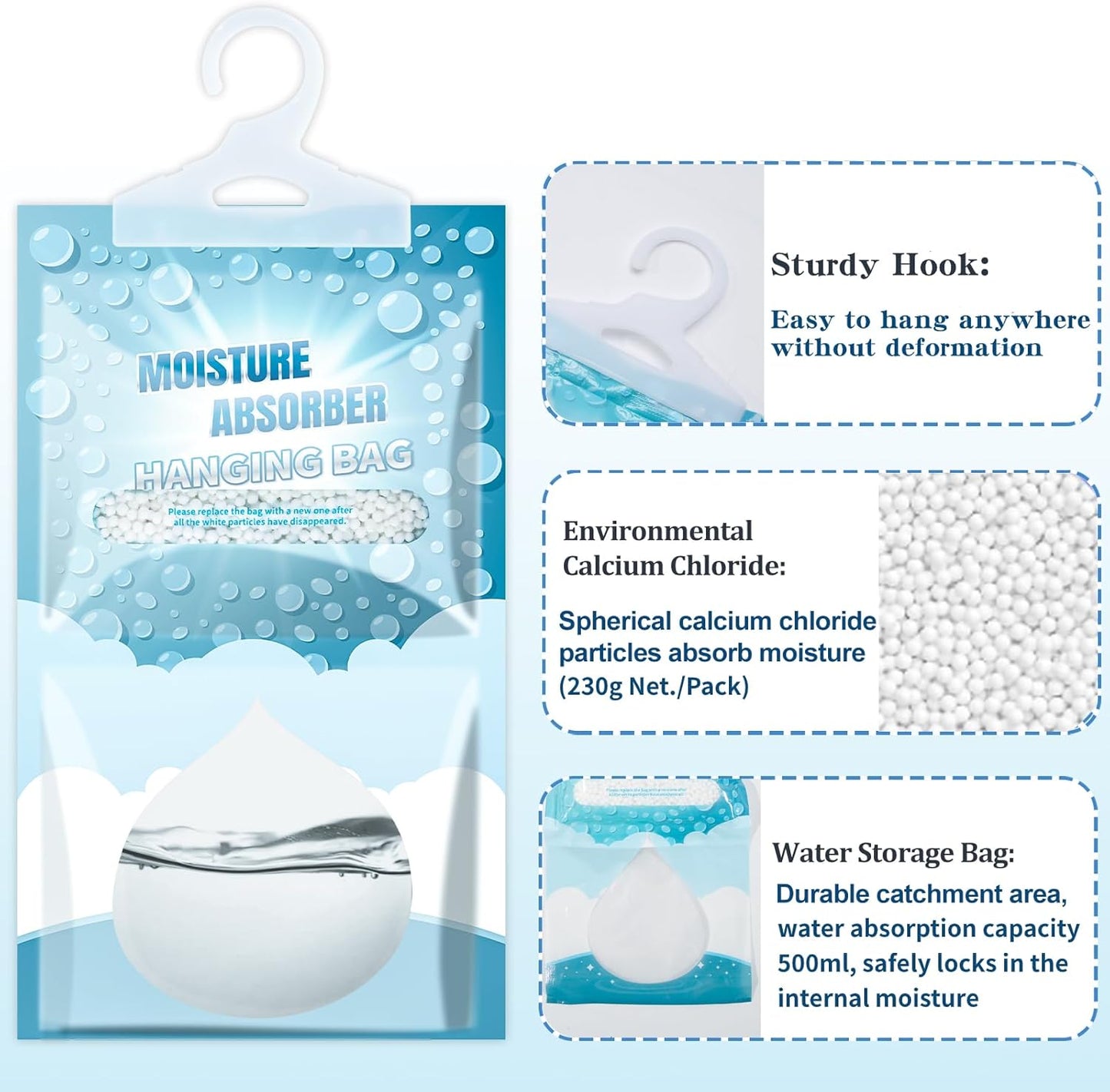 20 Pack Hanging Moisture Absorbers - Fagrance Free Dehumidifier Bags, 8.11 OZ/Pack, Removes Moisture & Odors, Humidity Absorber Packs for Closet Bedroom Kitchen