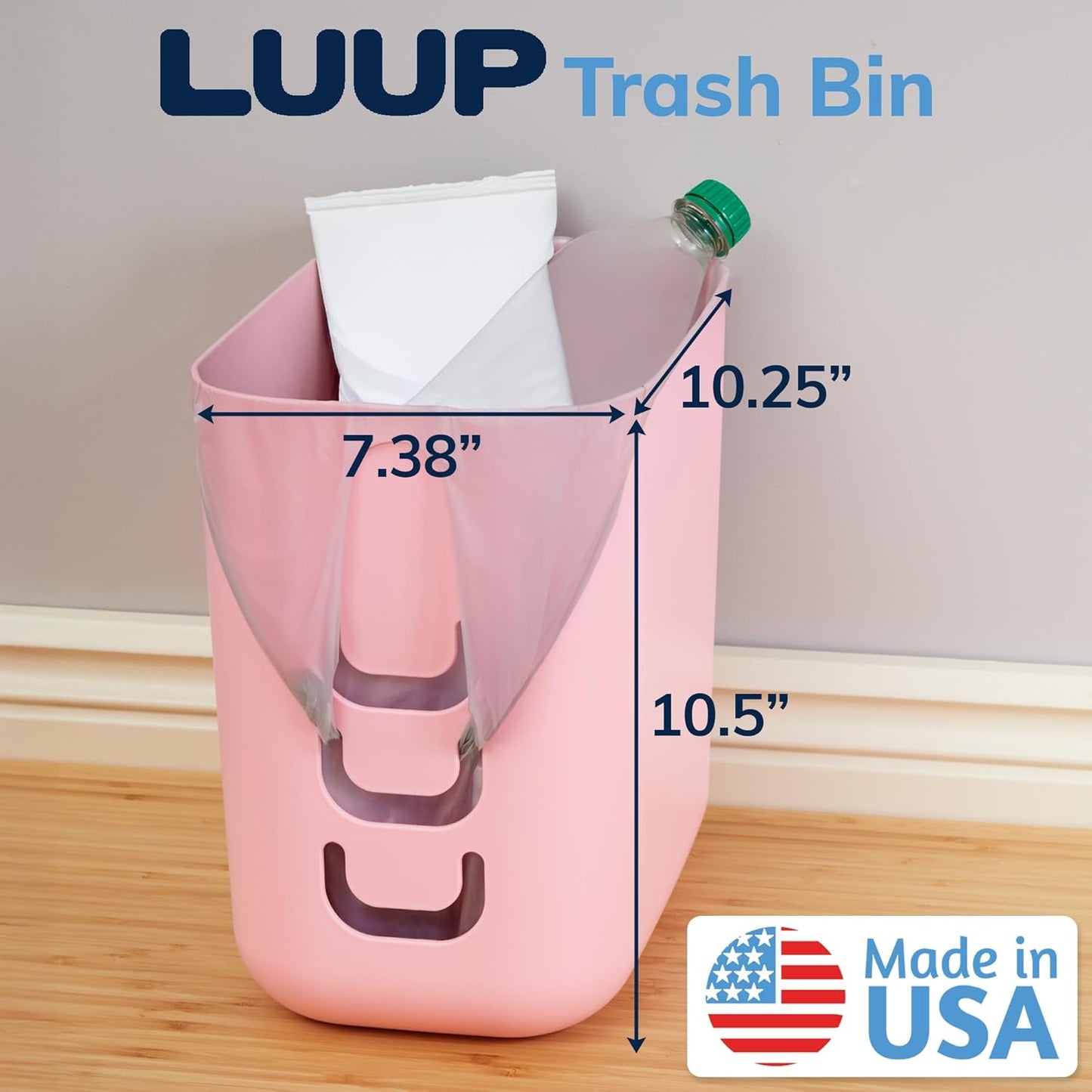 STORi Luup Bathroom Wastebasket, Secure Grocery Bags, Plastic Garbage Container for Vanity, Laundry Room, Kitchen, Office, 2.5 Gallon, Pink, Made in USA