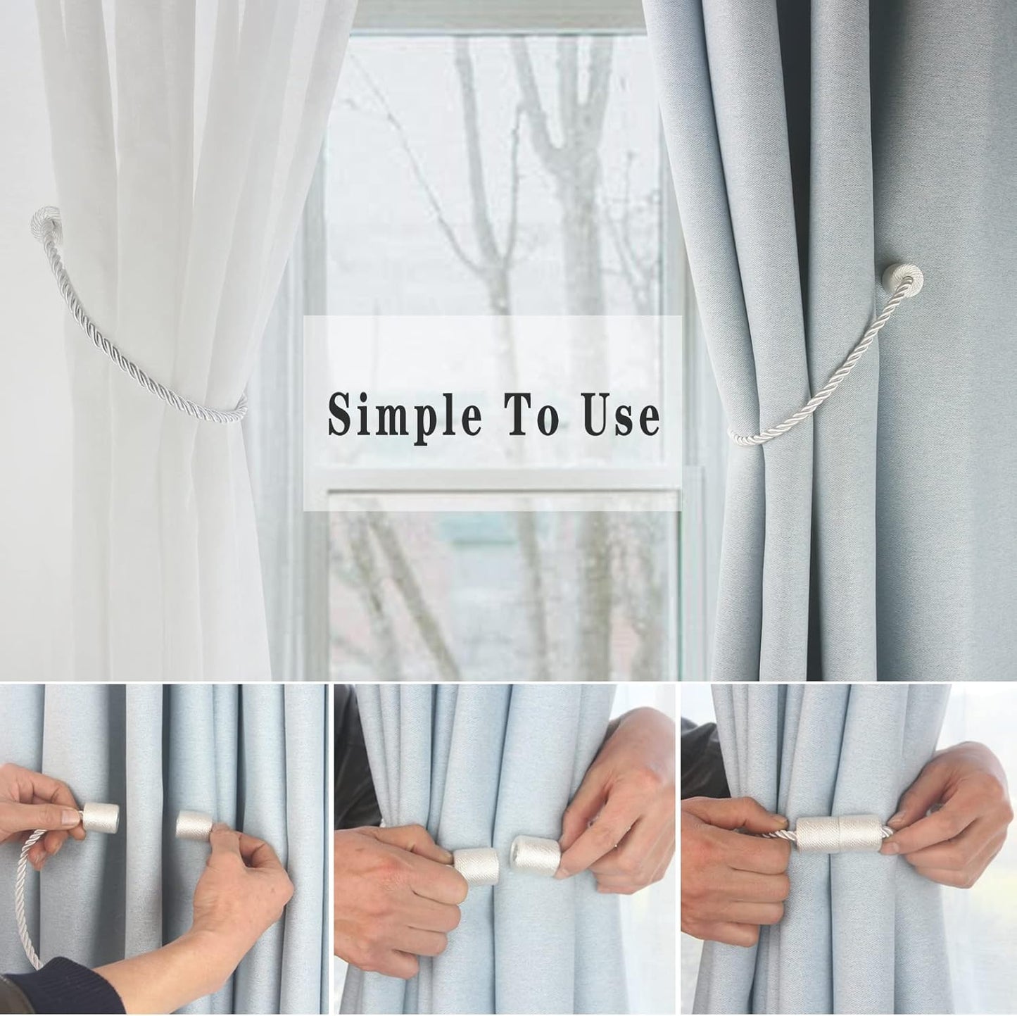Magnetic Curtain Tiebacks 6 Pack White Curtain Rope Tieback Curtain Holders for Drapes Modern Tie Backs Decorative Curtain Holdbacks