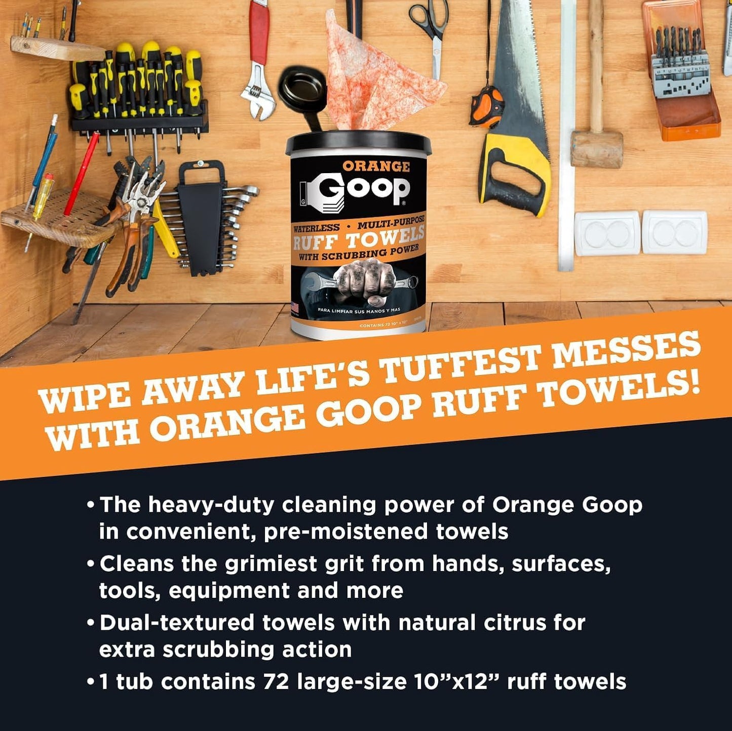 GOOP Heavy Duty Ruff Towels with Scrubbing Power, 10” x 12” Dual Textured Multi-Purpose Cleaning Wipes, Removes Dirt, Grease, Oil - 6 Pack