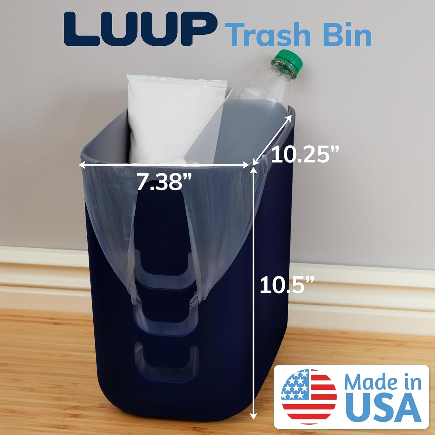 STORi Luup Bathroom Wastebasket, Secure Grocery Bags, Plastic Garbage Container for Vanity, Laundry Room, Kitchen, Office, 2.5 Gallon, Navy, Made in USA