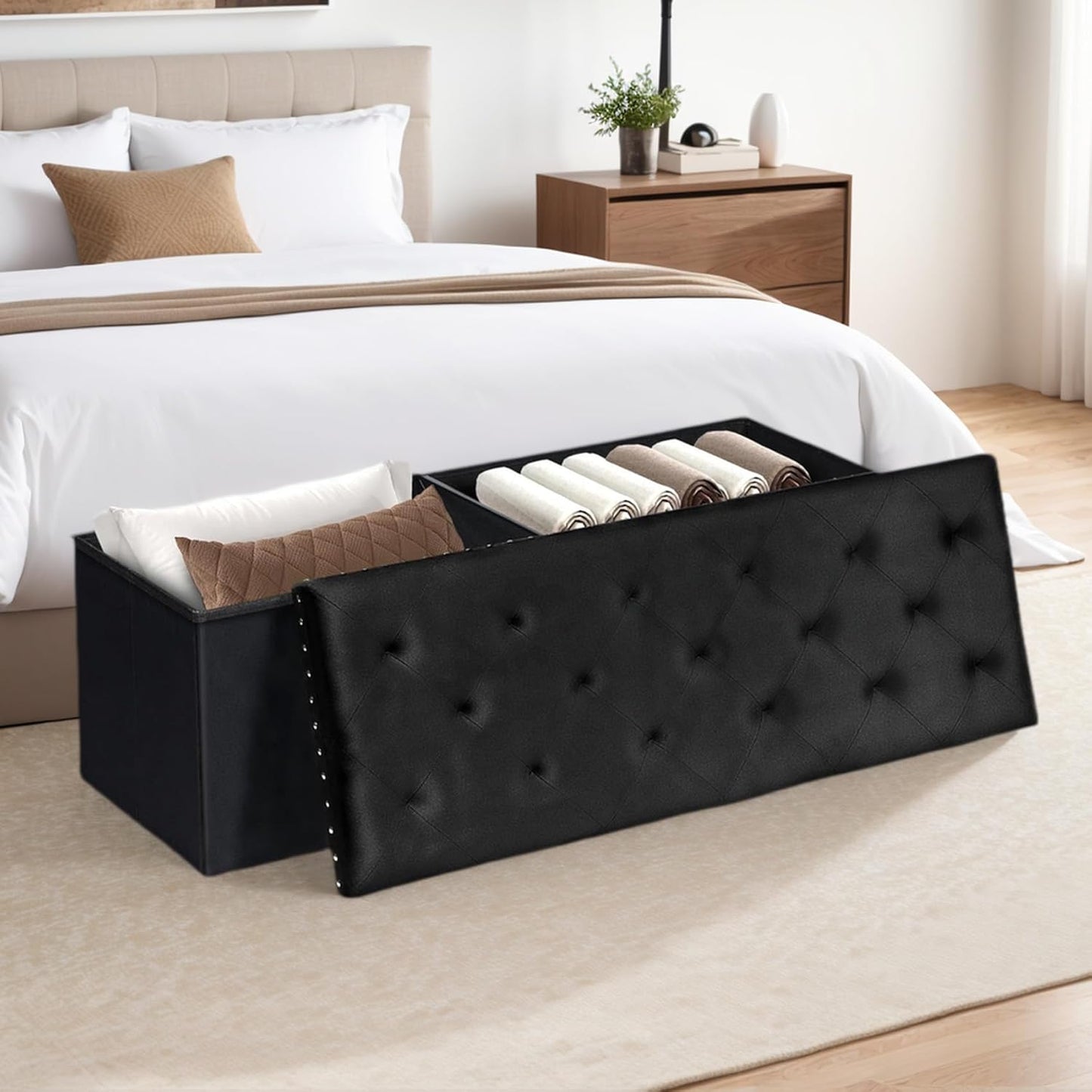 Velvet Storage Ottoman Bench, 43.3" Folding Ottoman with Rivet Trim, Heavy-Duty Upholstered Entryway Bench, Sturdy Footrest and Seat for Bedroom, Living Room, Holds up to 660 LBS, Black