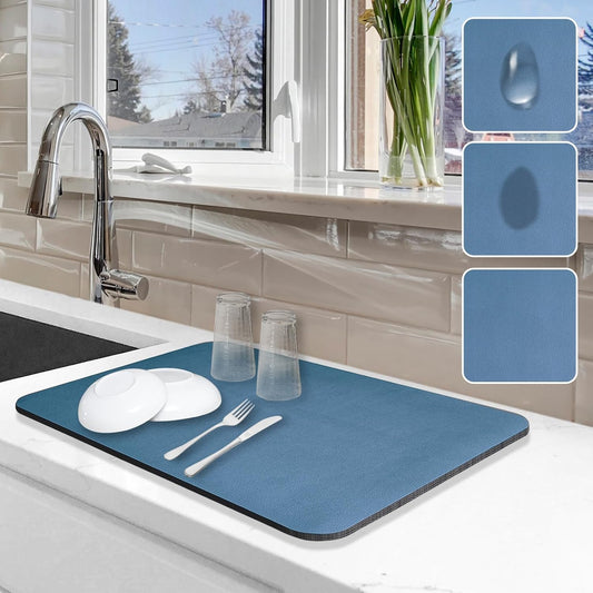 Dish Drying Mat for Kitchen Counter, 12"x19" Dish Drying Pad with Non-slip Rubber Backed, Hide Stain Anti Absorbent for Kitchen Counter, Drying Mat for Coffee Machine Dish Rack (Blue)