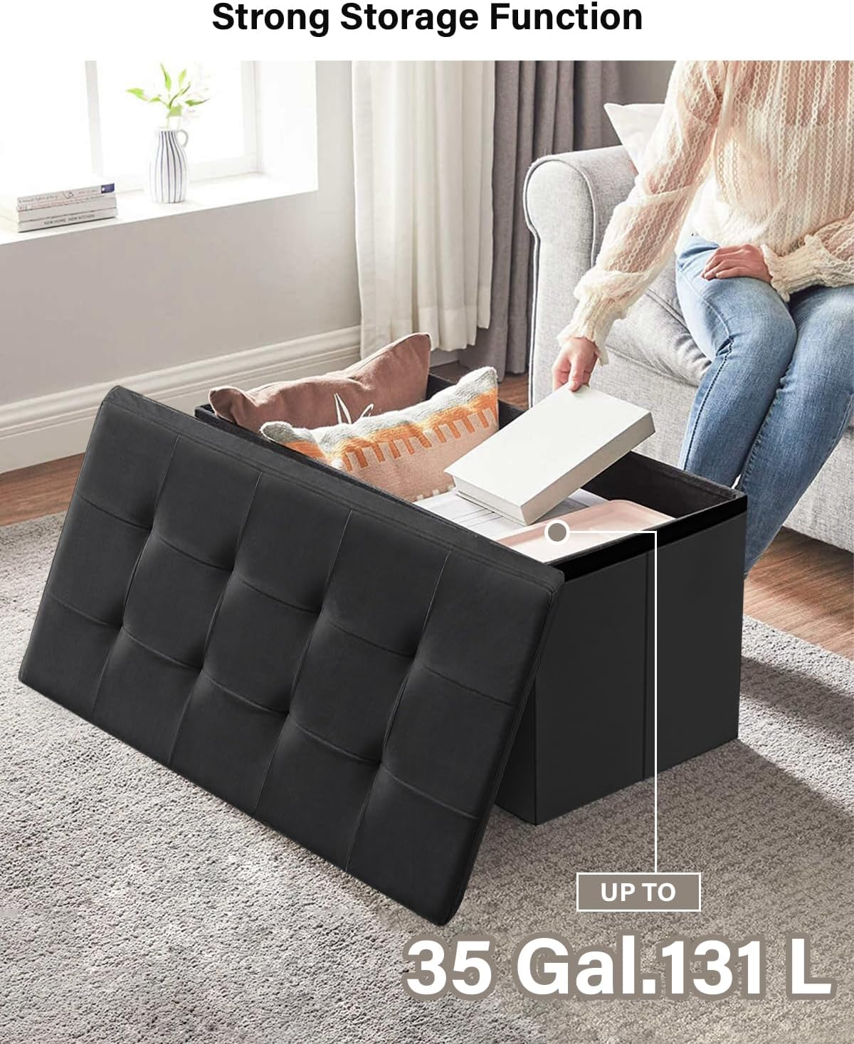 Folding Storage Ottoman, Velvet Storage Bench, Footrest, Removable Divider, for Living Room, Bedroom, 15 x 43 x 15 Inches, 660 lb Load Capacity, Ink Black UASND02B
