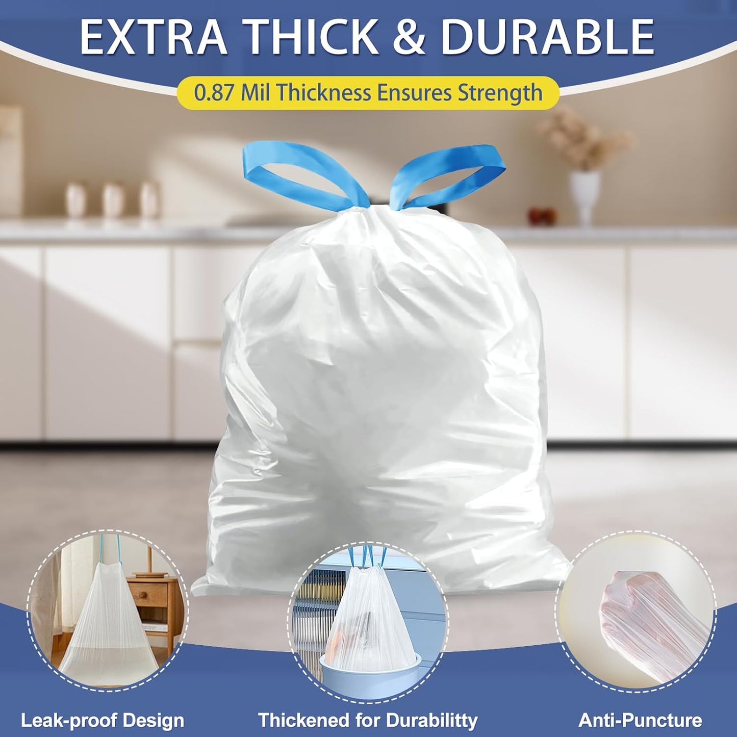 10 Gallon Trash Bags with Drawstring - 120 Count Heavy Duty 1.2 Mil Garbage Bags 38 Liter Unscented White Kitchen Bin Liners for Home & Office