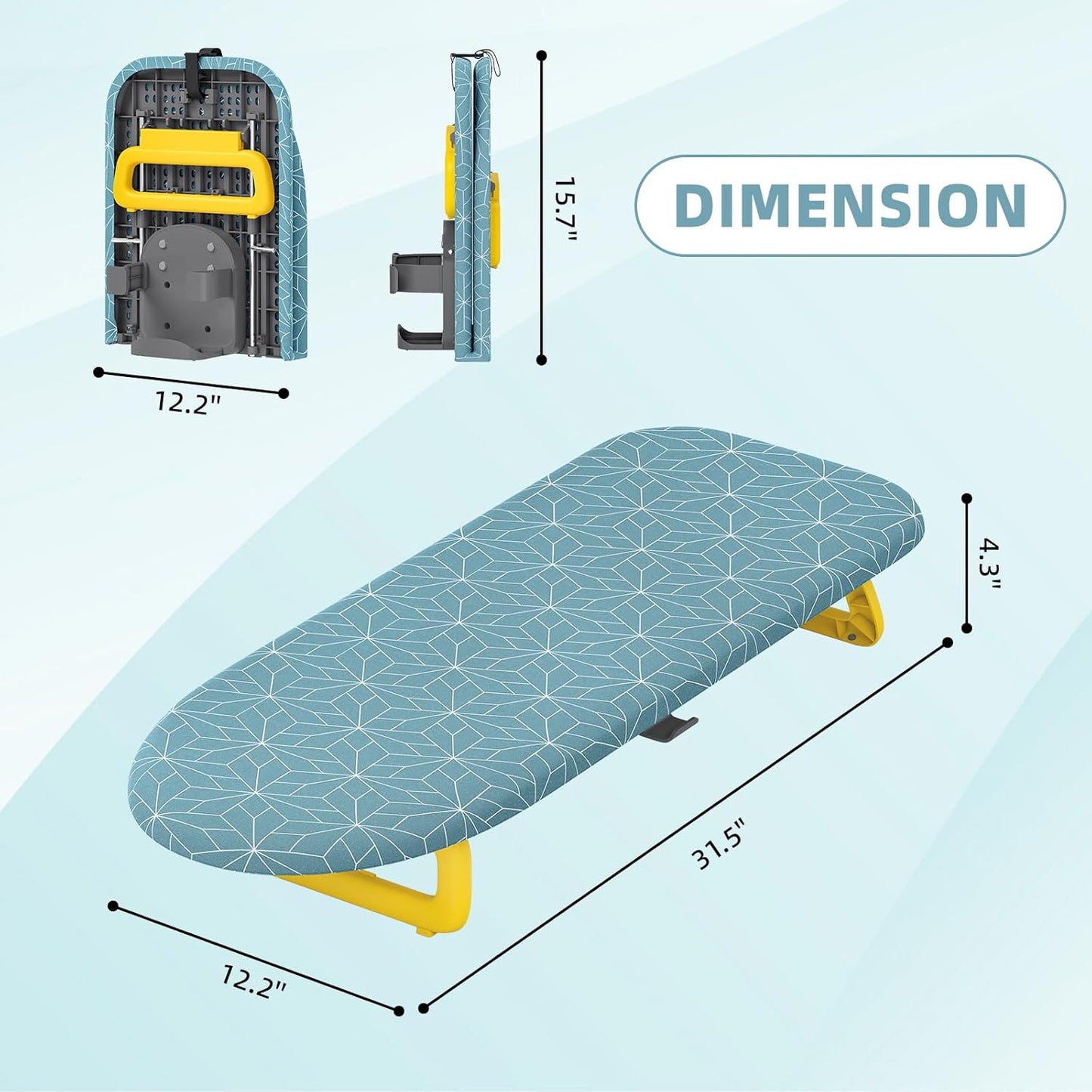 Small Ironing Board Tabletop, Foldable mini Ironing Board, Table top Ironing Boards Small, Compact Portable Ironing Boards with Iron Holder & Hanging Rope, Iron Table Stand 32x12, Light Blue
