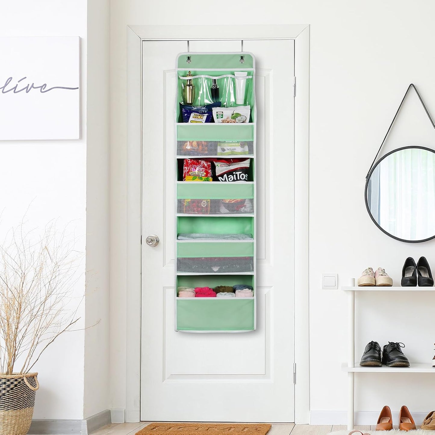 Univivi 5-Shelf Fabric Door Storage Over Door Hanging Organizer with 4 Large Pockets and 3 Small PVC Pockets Nursery Closet Cabinet Wall Mount Hanging Storage Organizers for Baby Nursery (Green)