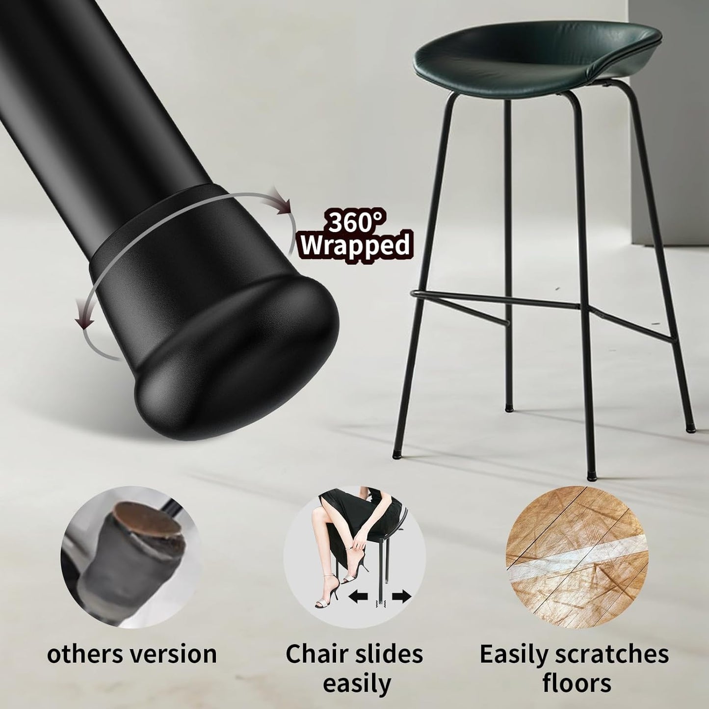0.75 Inch Heavy Duty Rubber Chair Leg Caps - 8 PCS Non-Slip Furniture Floor Protectors with Metal Inserts for Wood, Tile, Carpet - Fits Chairs,Stools,Bar Stools