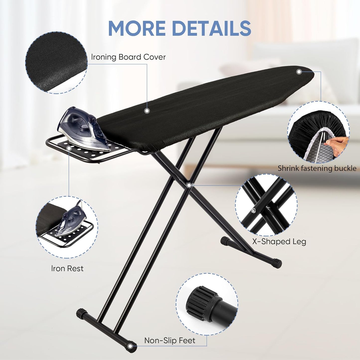 Full Size Ironing Board 47" X 15" with Heat Resistant Cover and Thicken Felt Pad, Safety Iron Rest, Anti-Skid Feet, Height Adjustable, Heavy Duty,Black