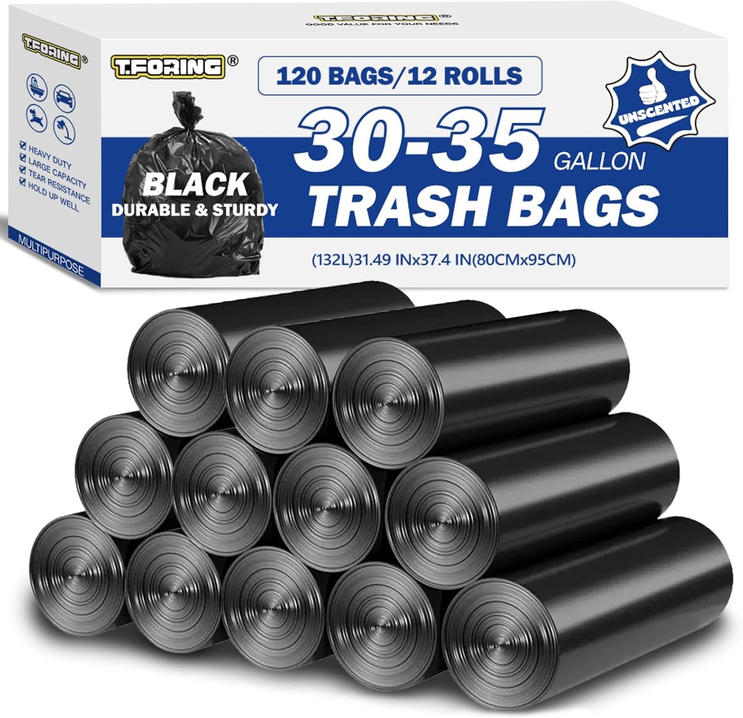 30-35 Gallon Black Trash Bags 120 Count - 32" x 37" Large Garbage Bags, 30+ Gallon Strong Trash Can Liners for Home, Commercial Use,Yard Waste, Bulk