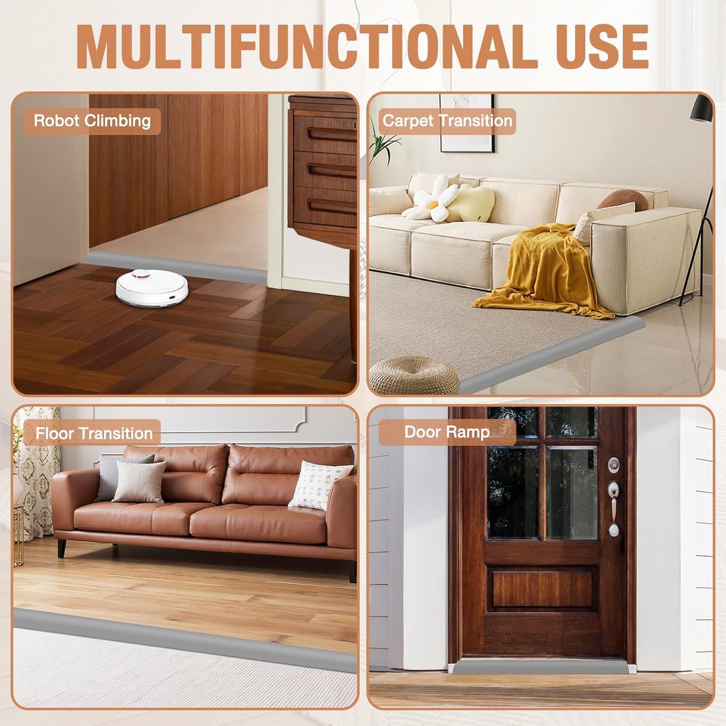 Floor Transition Strip Self Adhesive Vinyl Door Threshold for Doorways Carpet Edging Trim Overlap Edge Reducer for Laminate Floor, Carpet, Tile (Gray, 1/5" to 2/5", 3.3Ft)