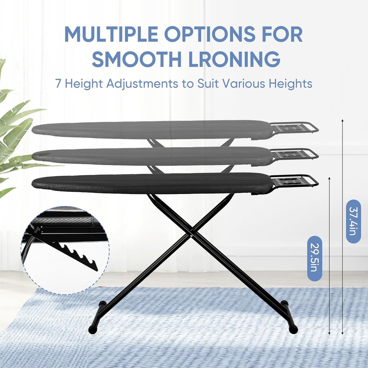 Full Size Ironing Board 47" X 15" with Heat Resistant Cover and Thicken Felt Pad, Safety Iron Rest, Anti-Skid Feet, Height Adjustable, Heavy Duty,Black