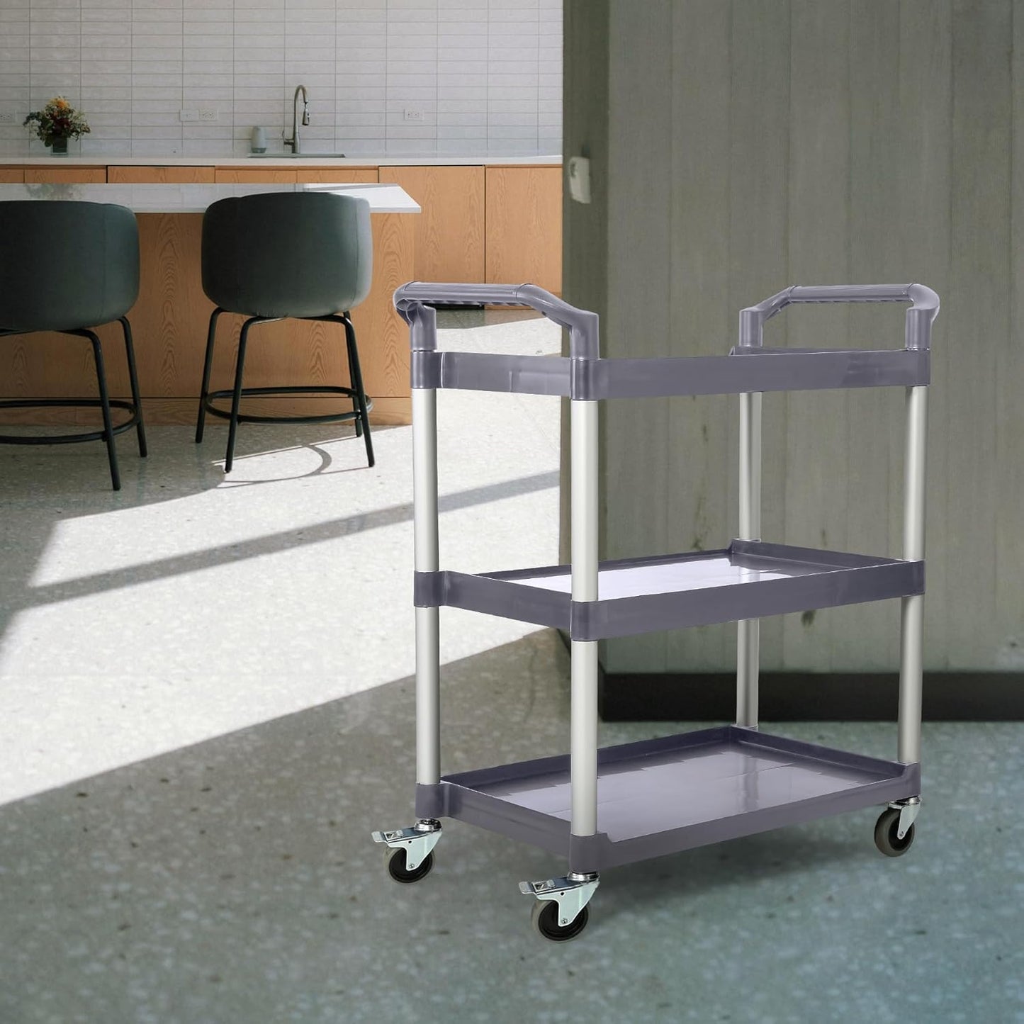 3-Tier Utility Rolling Cart with Wheels, Durable Catering carts with Wheels, Rolling Storage Cart for Hotel Canteen Resturant Office (Grey, 37" L x 16.54” W x 31.5" H) (Gray, 31.4"D x 16.5"W x 37.7"H)