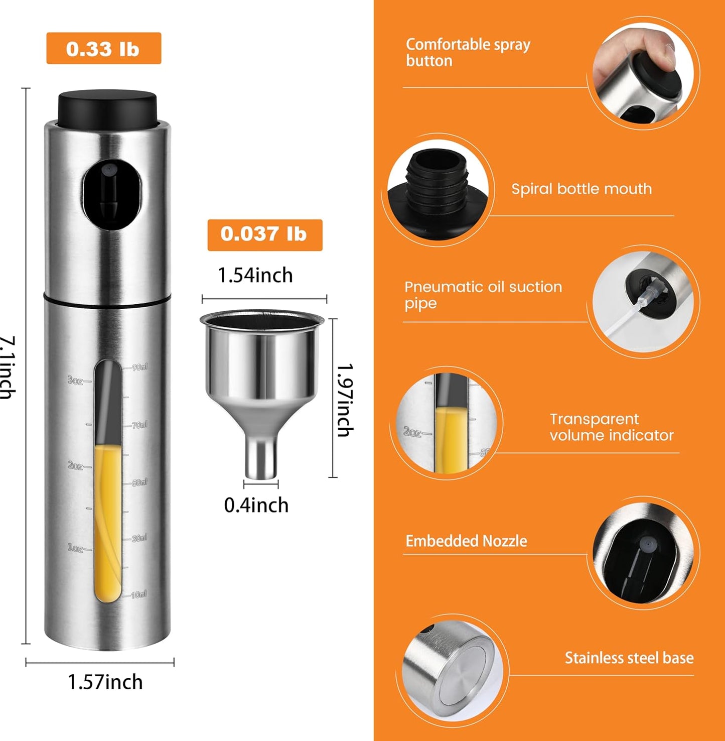 2 Pack Oil Bottle for Cooking,100ml Stainless Steel Cooking Oil Spray Bottle for Salads, BBQS and More,One-Handed Use (2 PCS)